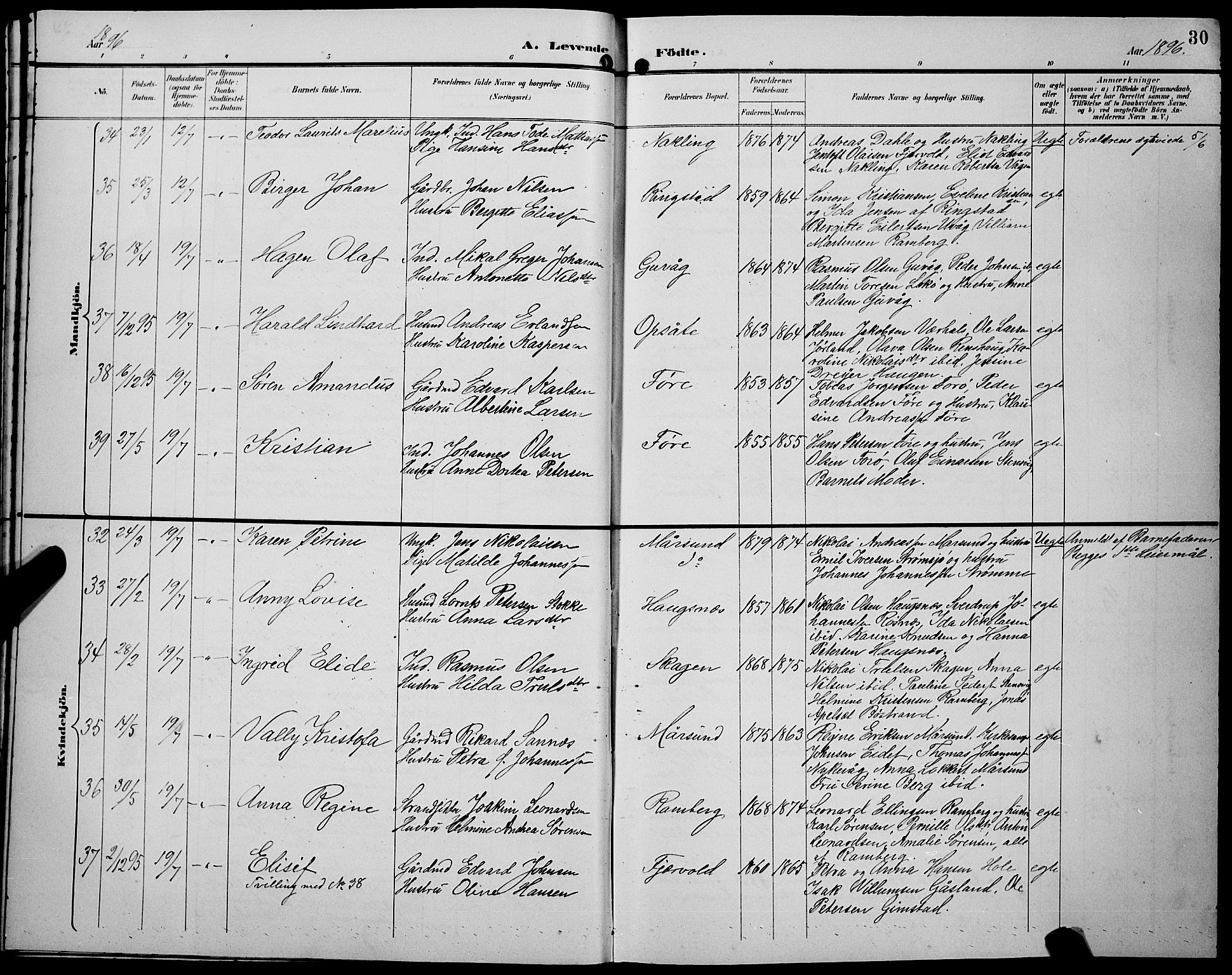 Ministerialprotokoller, klokkerbøker og fødselsregistre - Nordland, AV/SAT-A-1459/891/L1316: Parish register (copy) no. 891C05, 1894-1898, p. 30