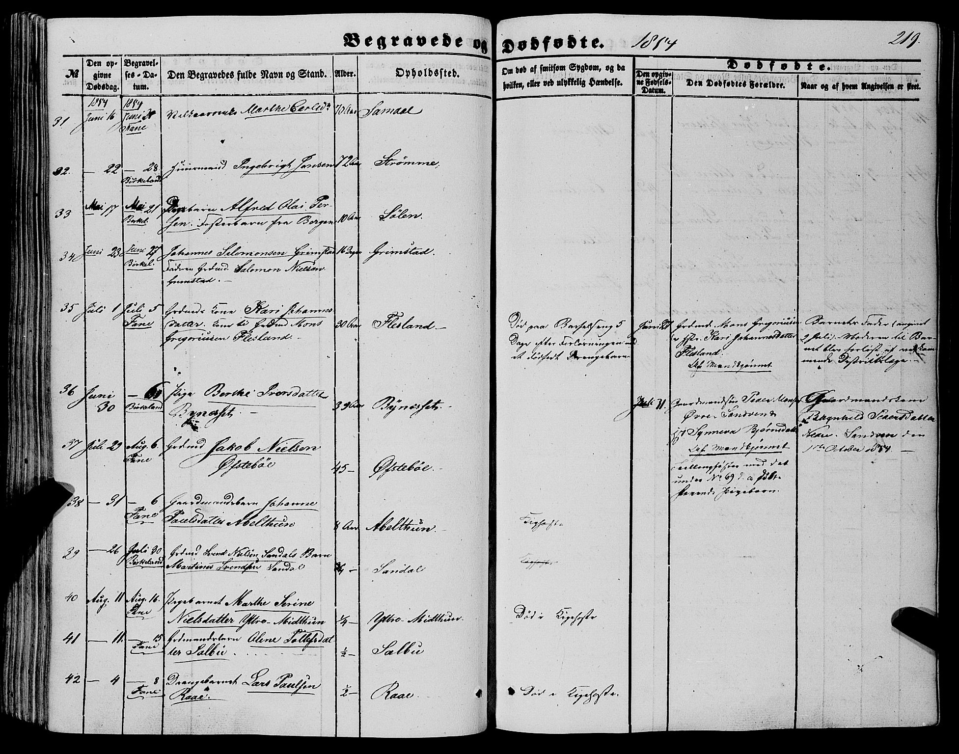 Fana Sokneprestembete, AV/SAB-A-75101/H/Haa/Haaa/L0011: Parish register (official) no. A 11, 1851-1862, p. 219