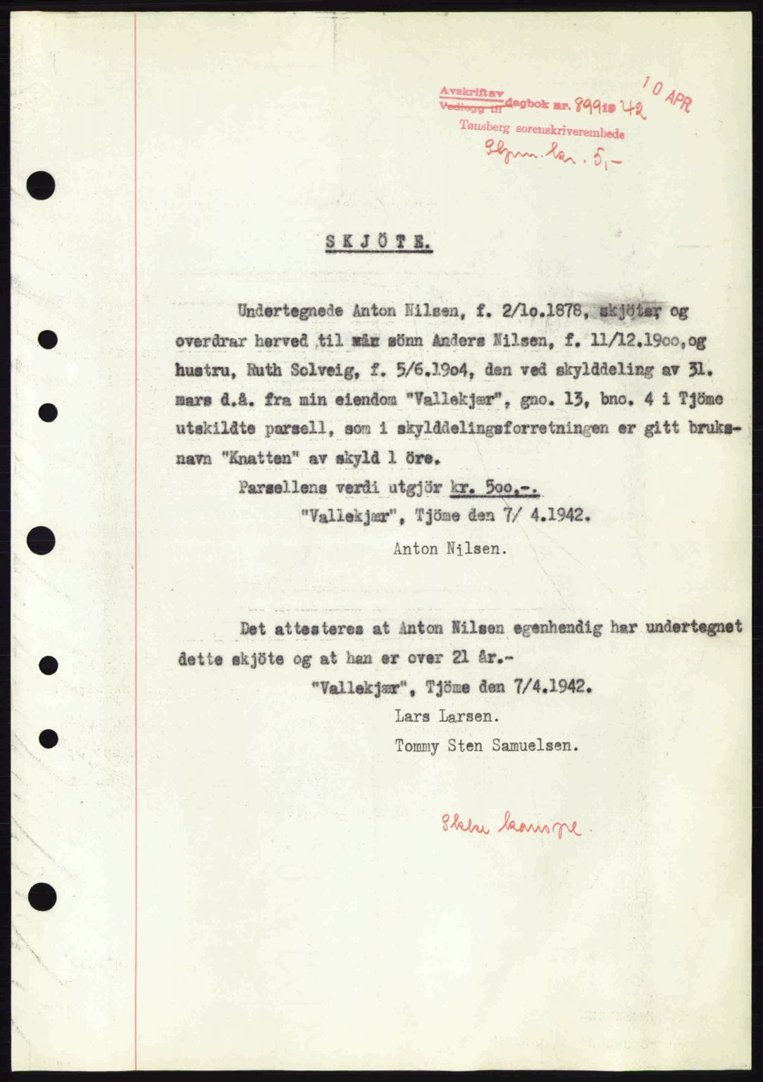 Tønsberg sorenskriveri, AV/SAKO-A-130/G/Ga/Gaa/L0011: Mortgage book no. A11, 1941-1942, Diary no: : 899/1942