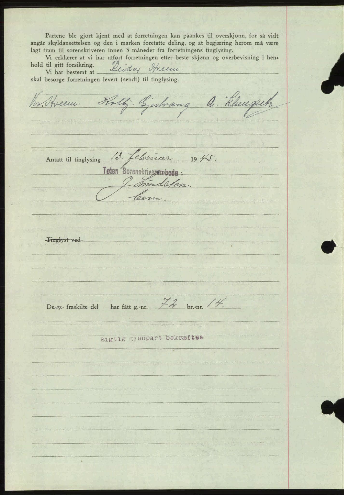 Toten tingrett, SAH/TING-006/H/Hb/Hbc/L0013: Mortgage book no. Hbc-13, 1945-1945, Diary no: : 214/1945