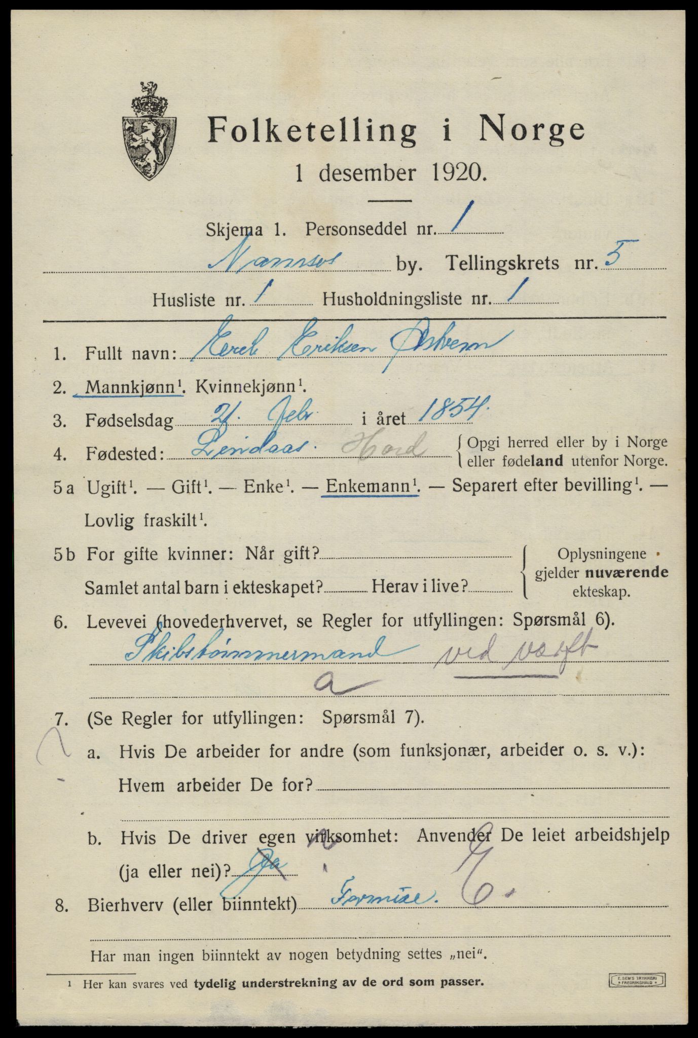 SAT, 1920 census for Namsos, 1920, p. 5645