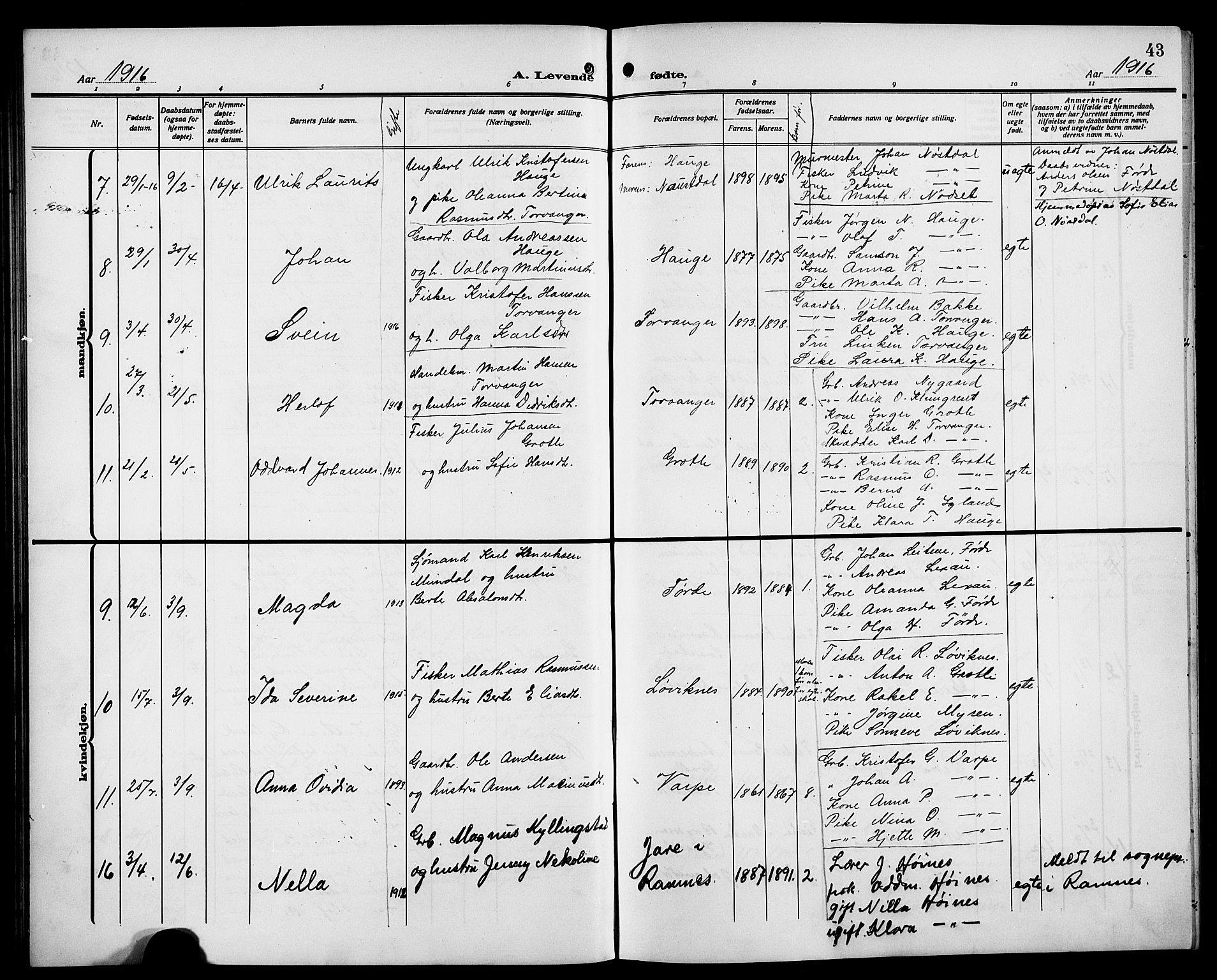 Bremanger sokneprestembete, AV/SAB-A-82201/H/Hab/Habc/L0001: Parish register (copy) no. C 1, 1908-1919, p. 43