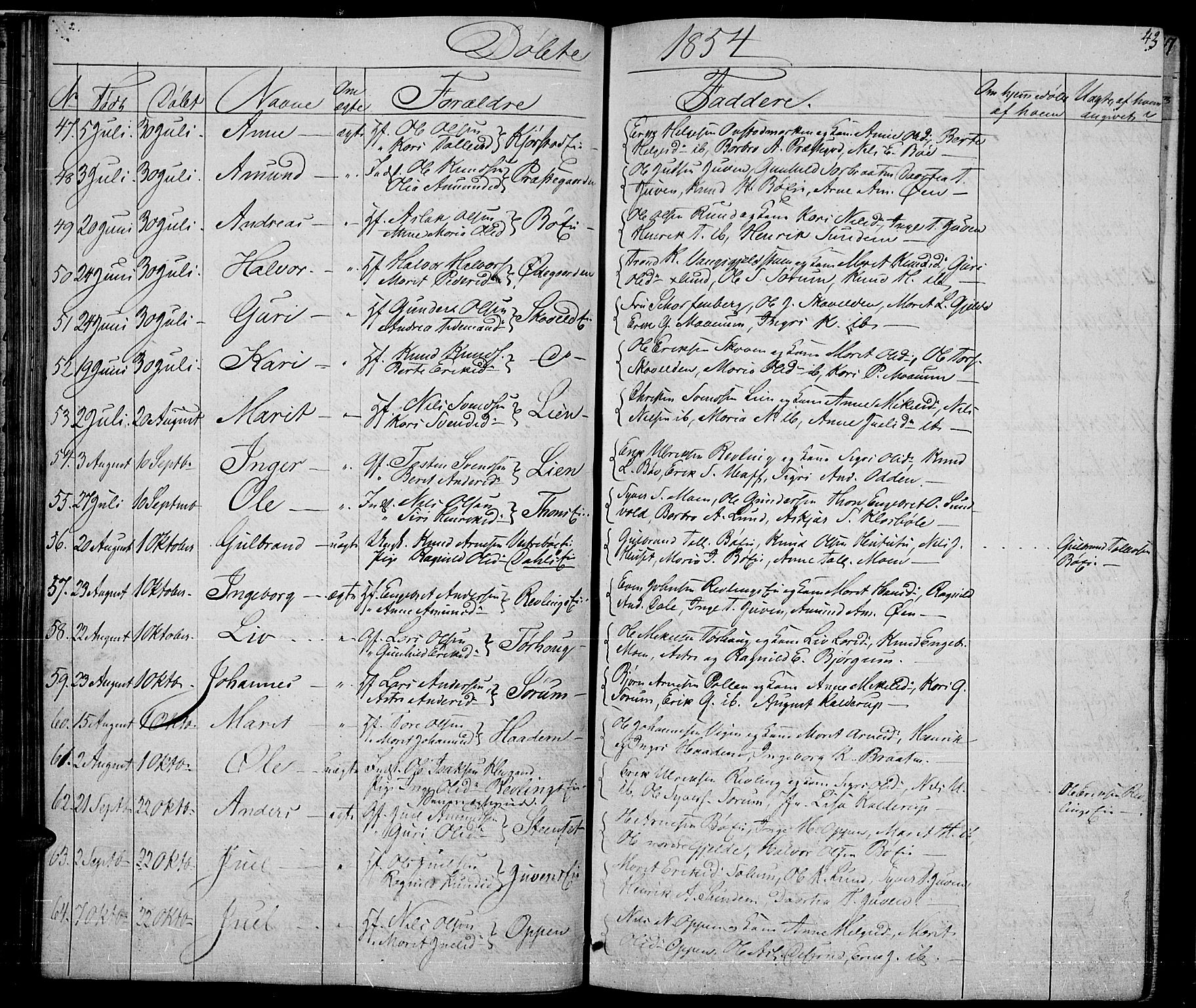 Nord-Aurdal prestekontor, SAH/PREST-132/H/Ha/Hab/L0002: Parish register (copy) no. 2, 1842-1877, p. 43