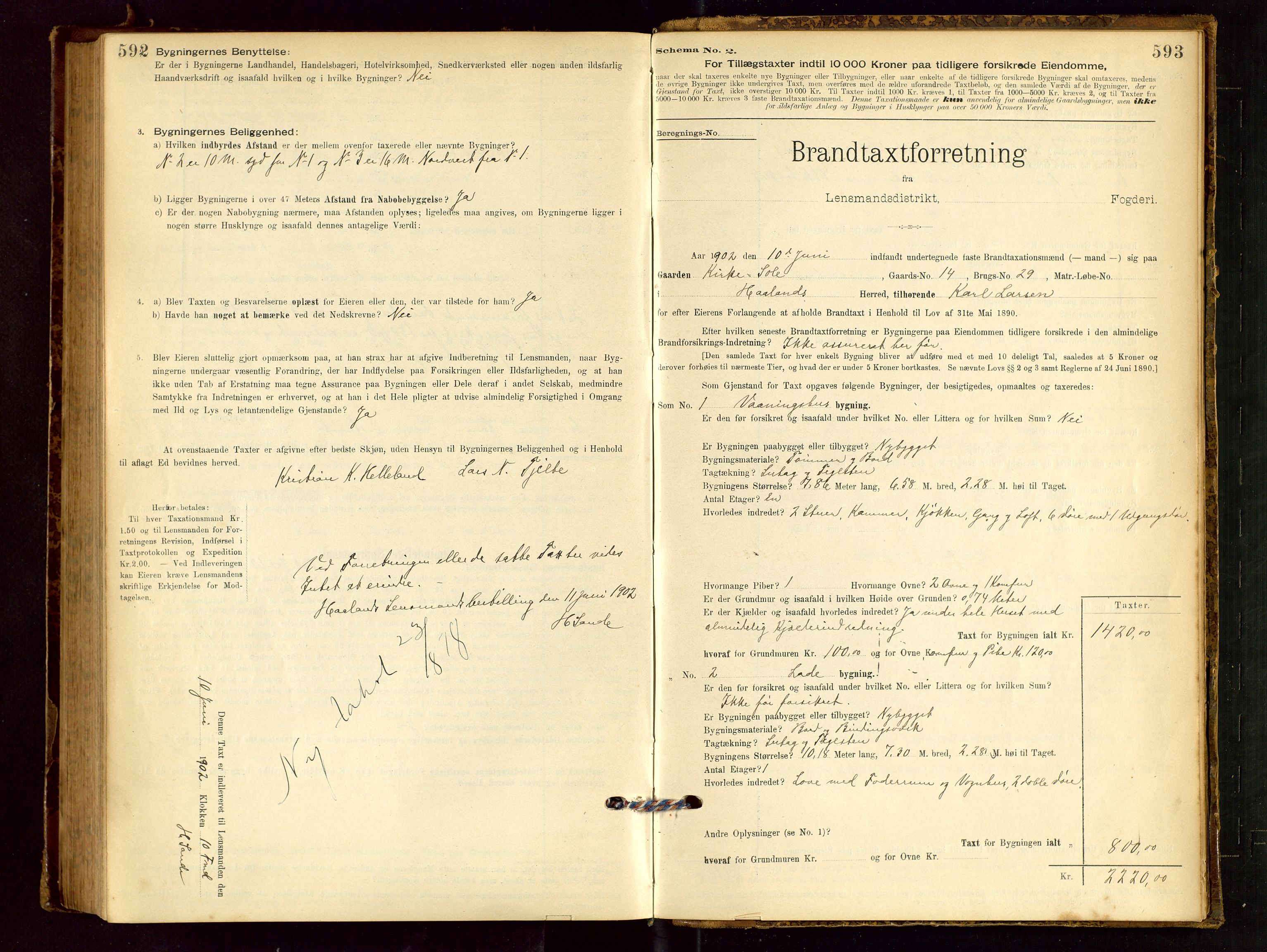 Håland lensmannskontor, AV/SAST-A-100100/Gob/L0001: Branntakstprotokoll - skjematakst. Register i boken., 1894-1902, p. 592-593