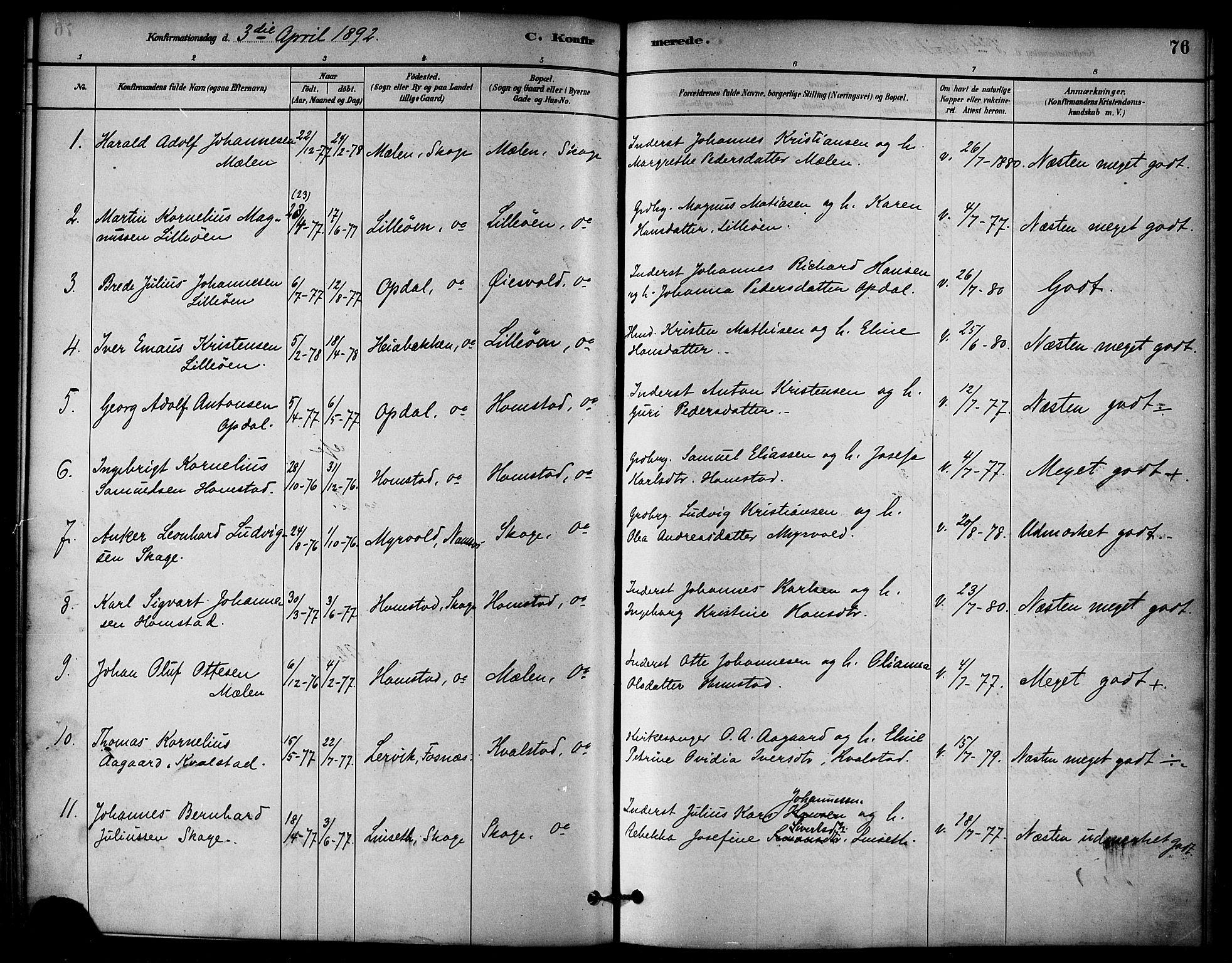 Ministerialprotokoller, klokkerbøker og fødselsregistre - Nord-Trøndelag, SAT/A-1458/766/L0563: Parish register (official) no. 767A01, 1881-1899, p. 76