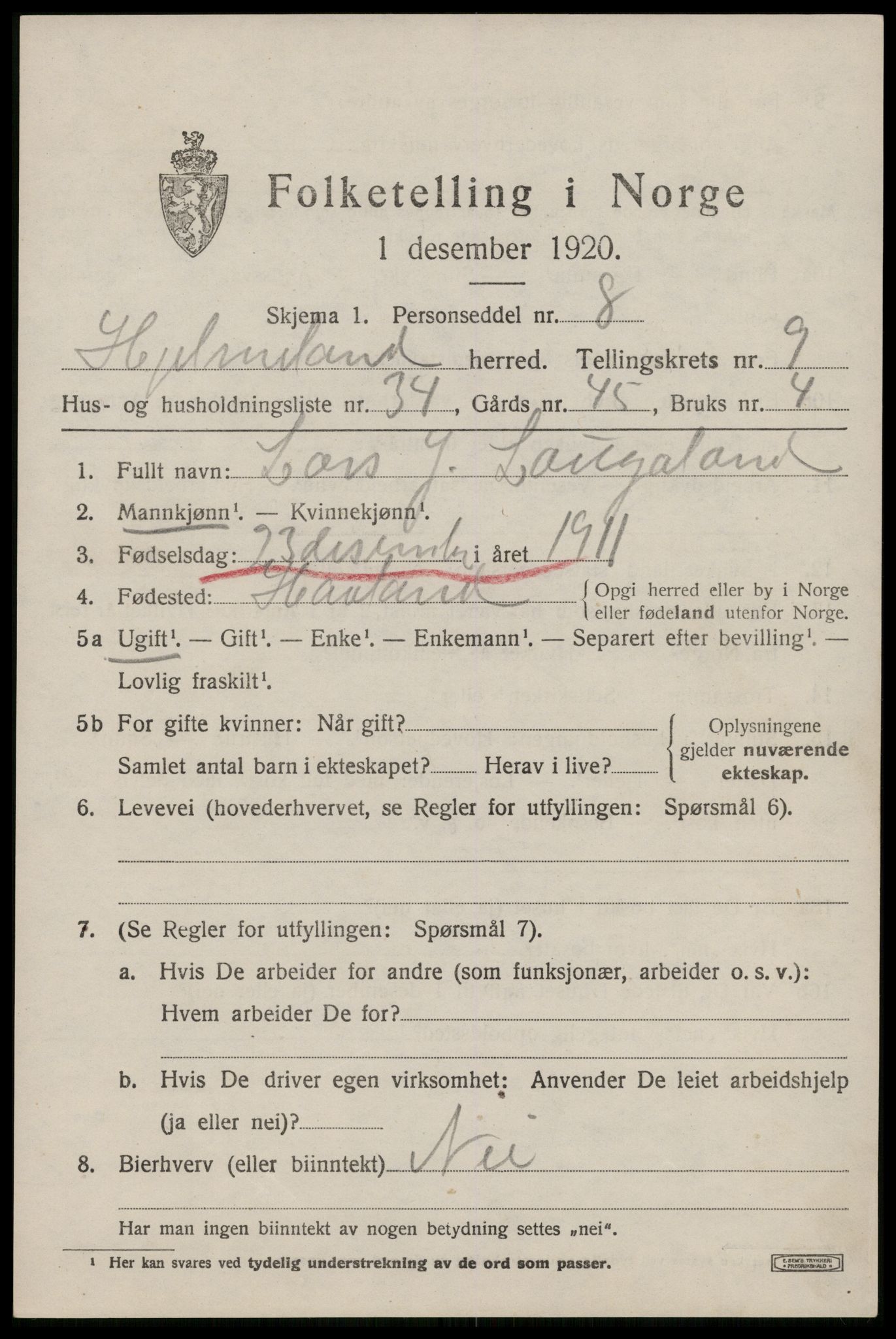 SAST, 1920 census for Hjelmeland, 1920, p. 3113