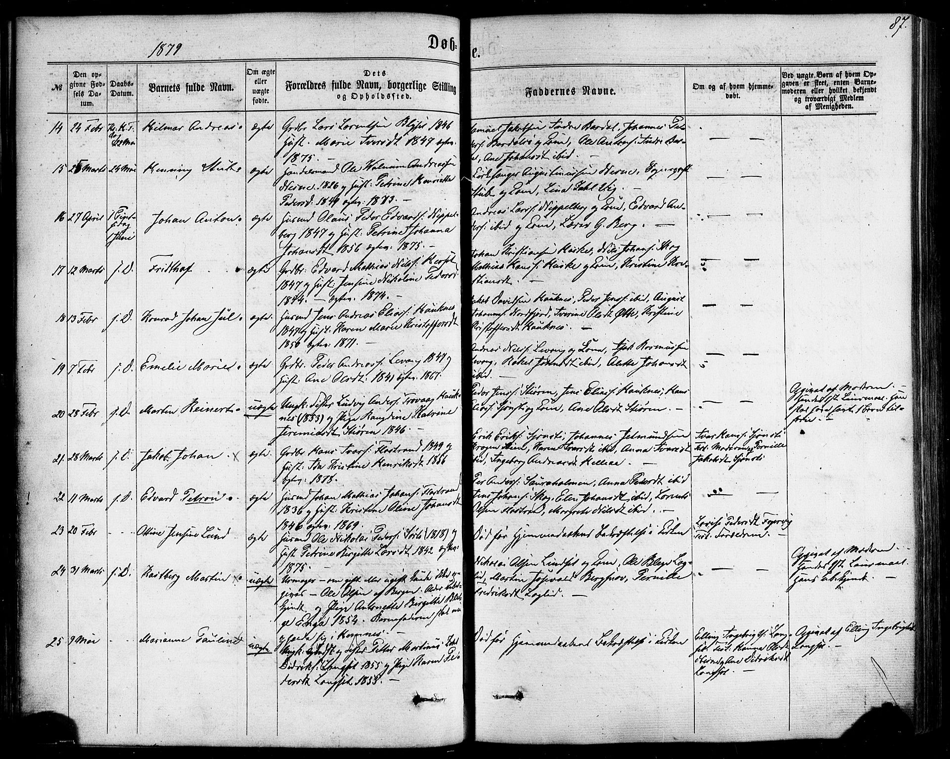 Ministerialprotokoller, klokkerbøker og fødselsregistre - Nordland, AV/SAT-A-1459/838/L0551: Parish register (official) no. 838A09, 1864-1880, p. 87