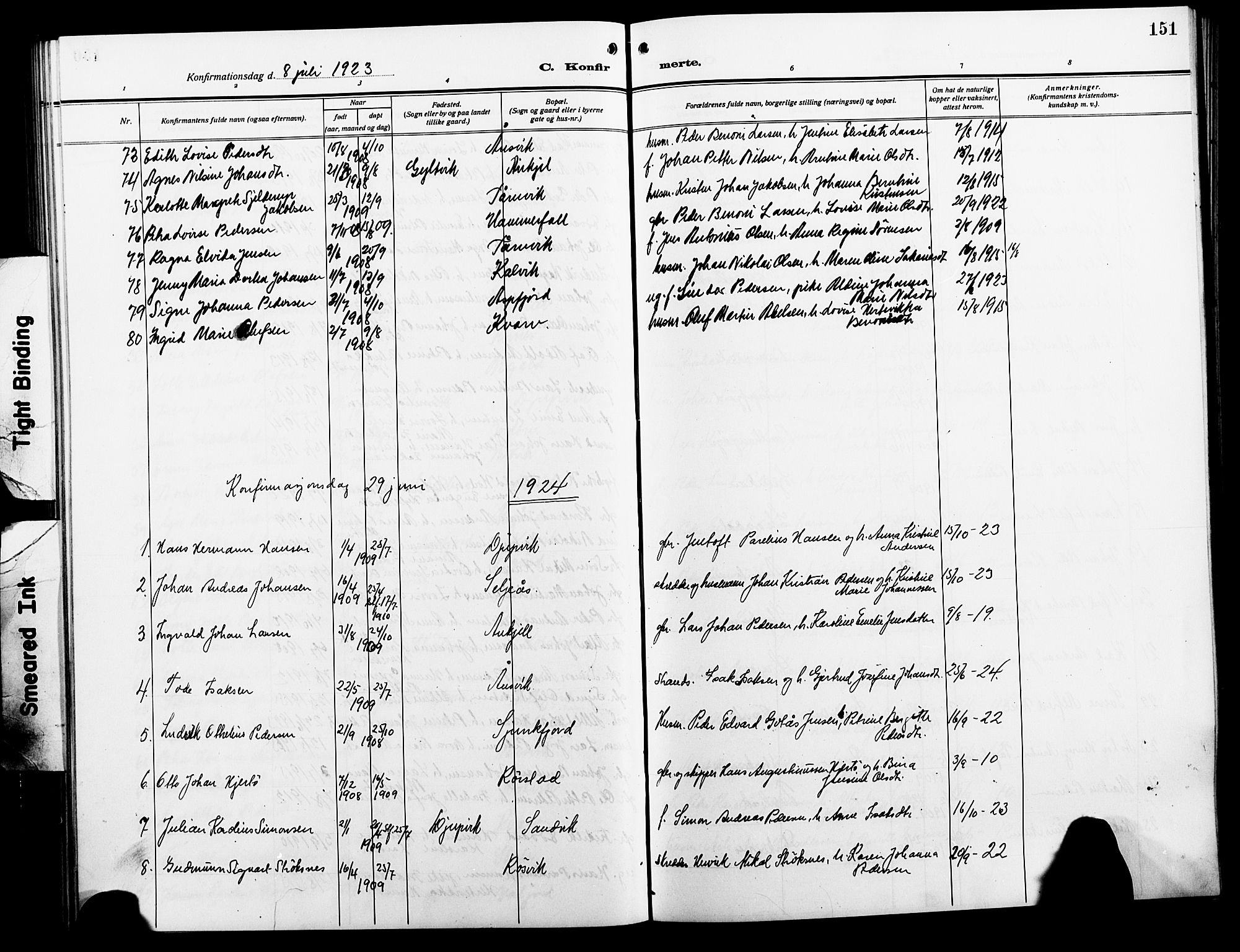 Ministerialprotokoller, klokkerbøker og fødselsregistre - Nordland, AV/SAT-A-1459/854/L0787: Parish register (copy) no. 854C03, 1913-1926, p. 151