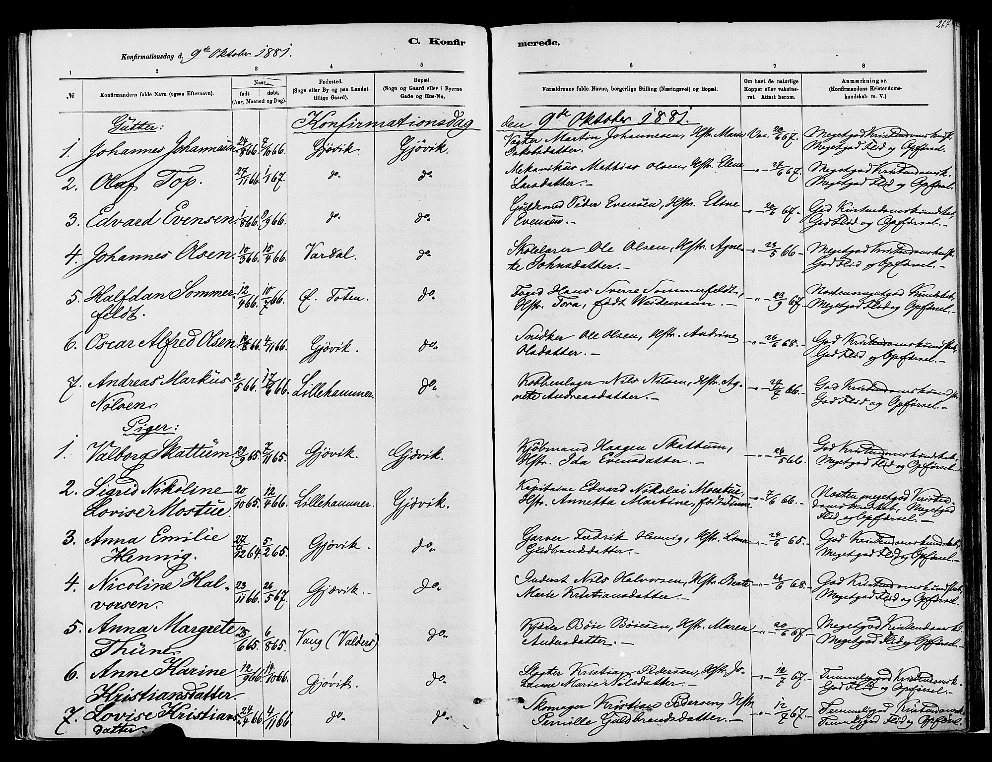 Vardal prestekontor, SAH/PREST-100/H/Ha/Haa/L0008: Parish register (official) no. 8, 1878-1890, p. 264