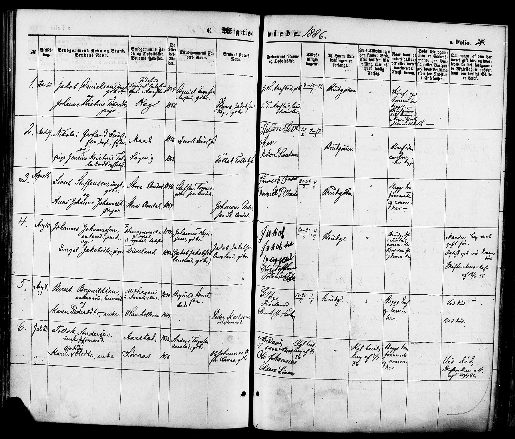 Sokndal sokneprestkontor, AV/SAST-A-101808: Parish register (official) no. A 10, 1874-1886, p. 296