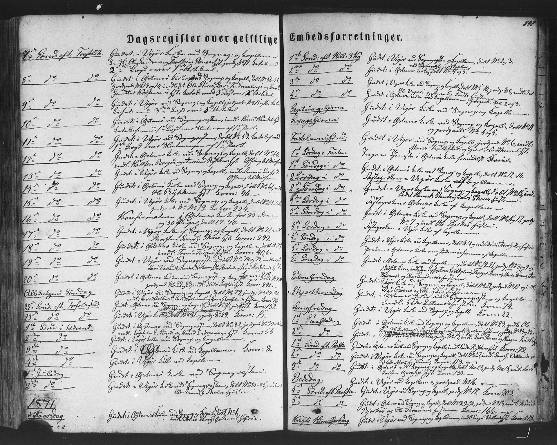 Kvam sokneprestembete, SAB/A-76201/H/Haa: Parish register (official) no. A 9, 1864-1879, p. 398