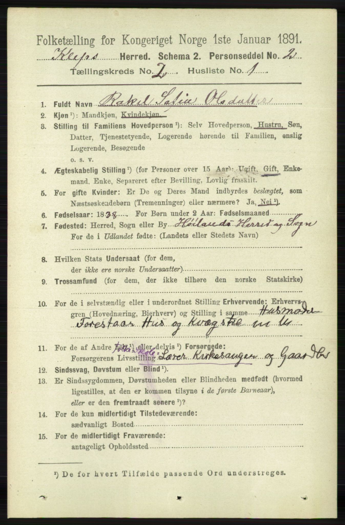 RA, 1891 census for 1120 Klepp, 1891, p. 360