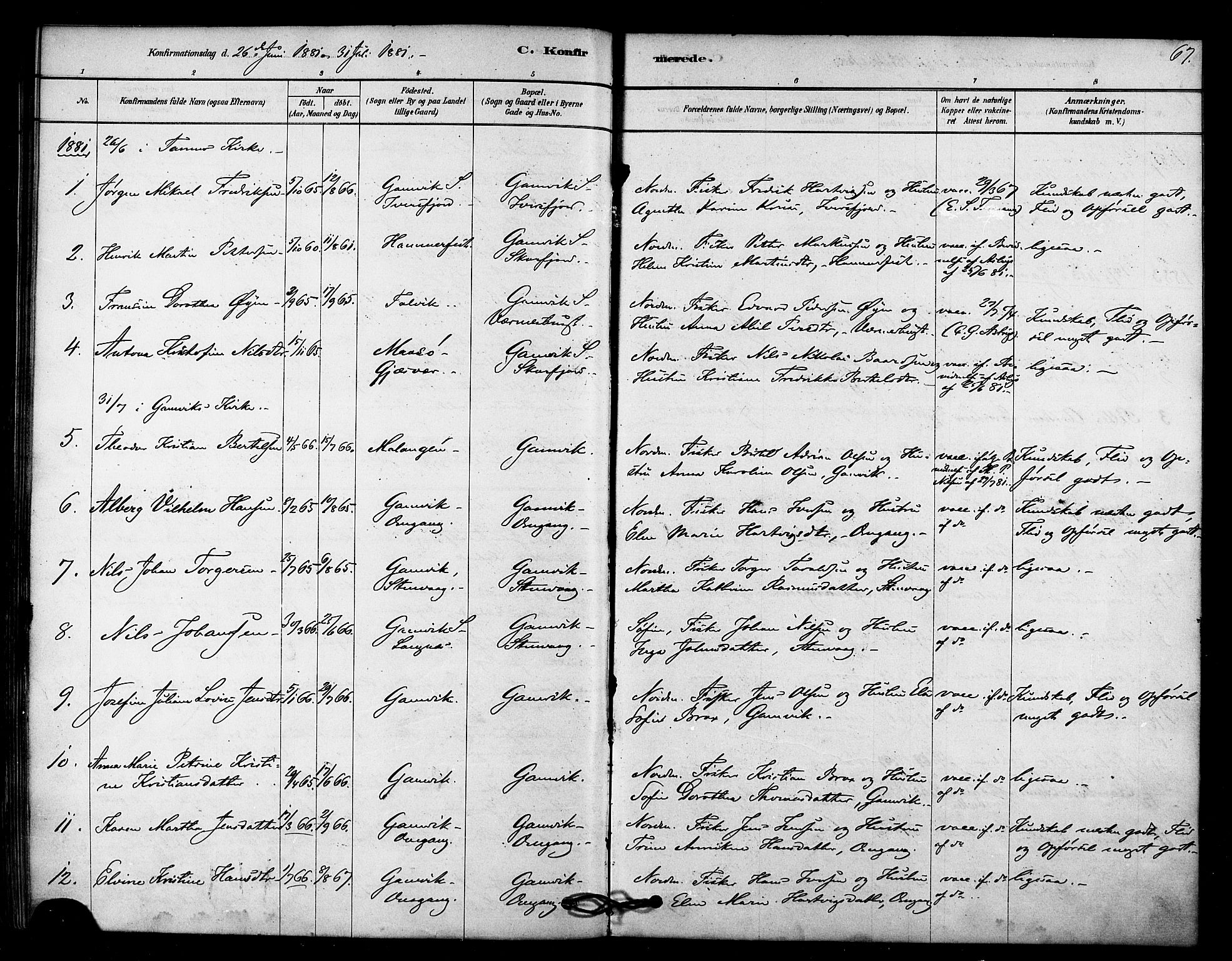 Tana sokneprestkontor, SATØ/S-1334/H/Ha/L0003kirke: Parish register (official) no. 3, 1878-1892, p. 67