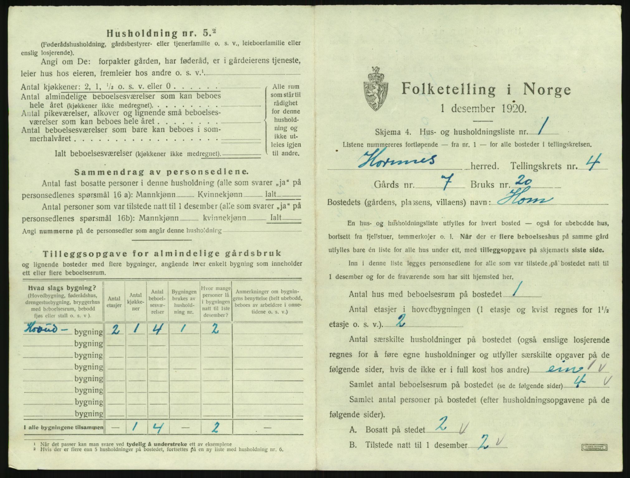 SAK, 1920 census for Hornnes, 1920, p. 173