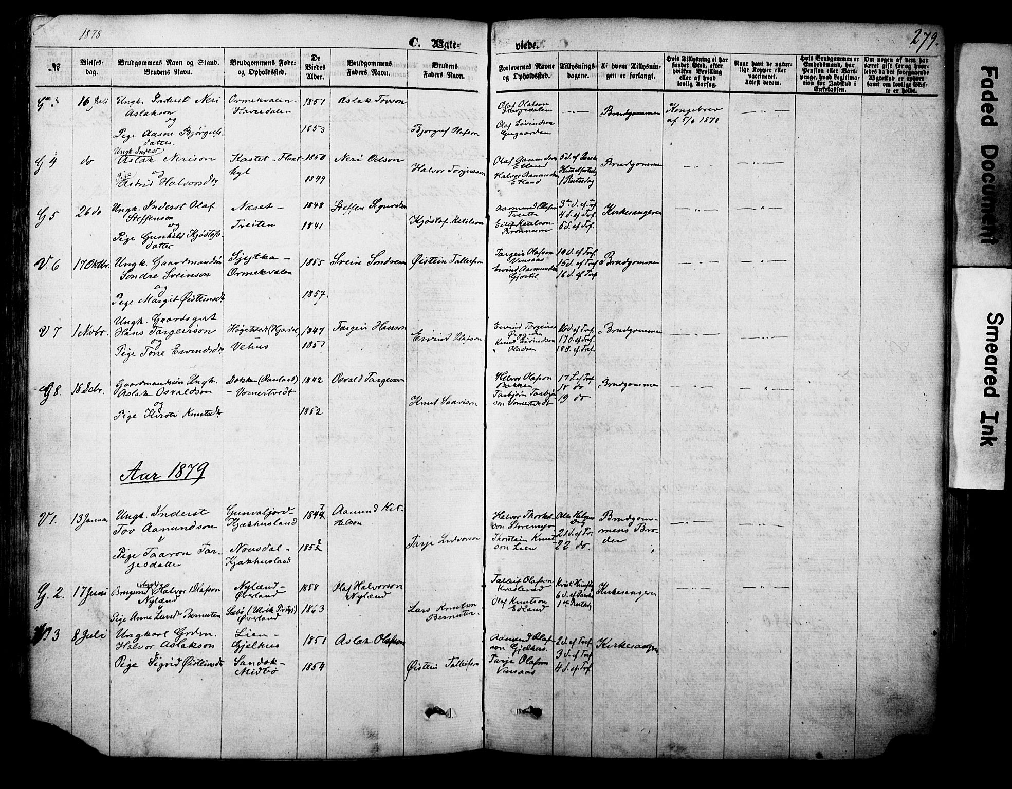 Vinje kirkebøker, SAKO/A-312/F/Fa/L0005: Parish register (official) no. I 5, 1870-1886, p. 279