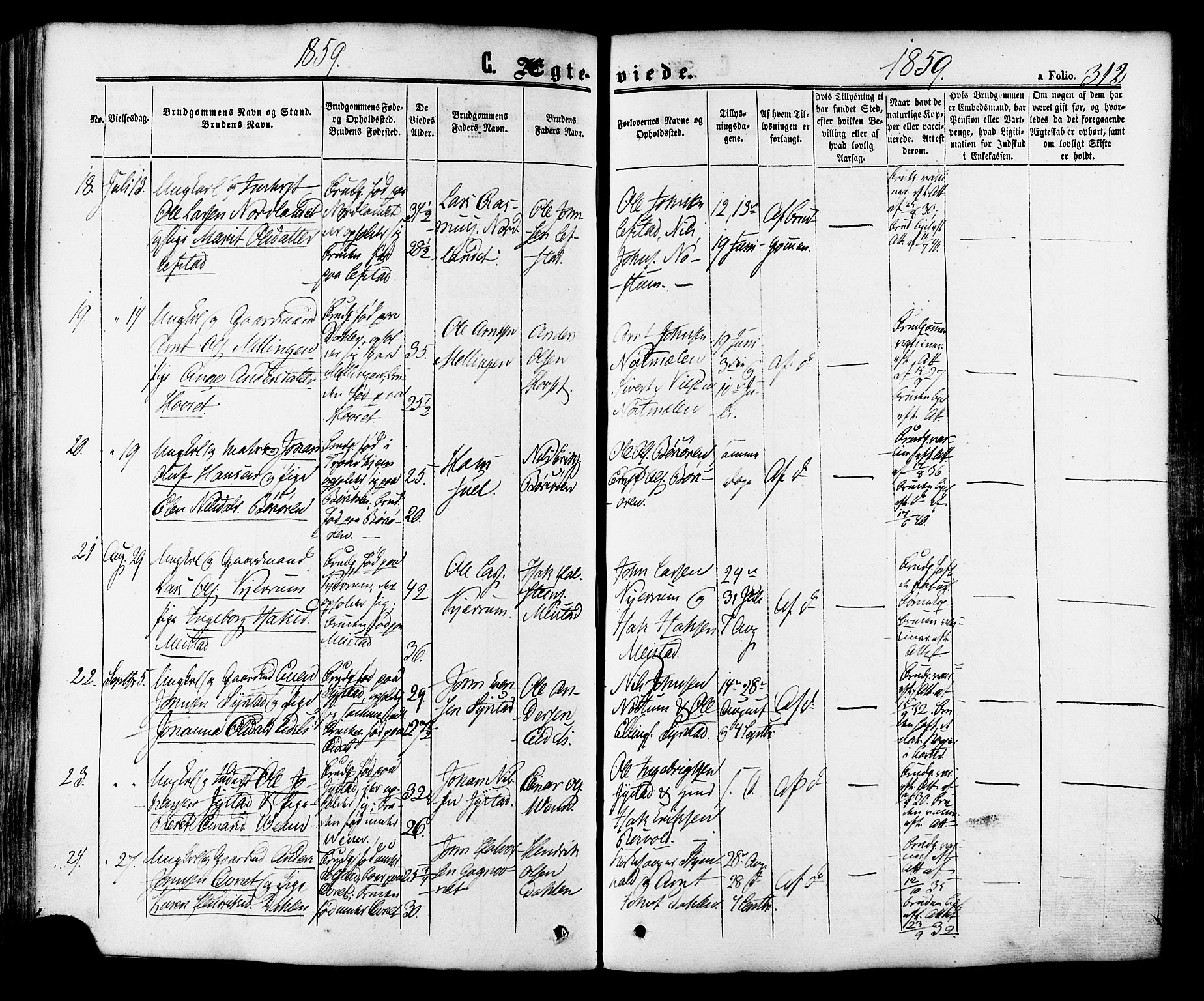 Ministerialprotokoller, klokkerbøker og fødselsregistre - Sør-Trøndelag, SAT/A-1456/665/L0772: Parish register (official) no. 665A07, 1856-1878, p. 312
