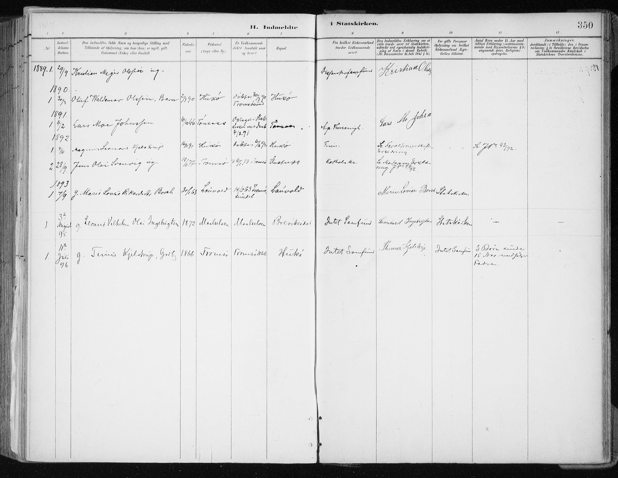 Tromsøysund sokneprestkontor, SATØ/S-1304/G/Ga/L0005kirke: Parish register (official) no. 5, 1888-1896, p. 350