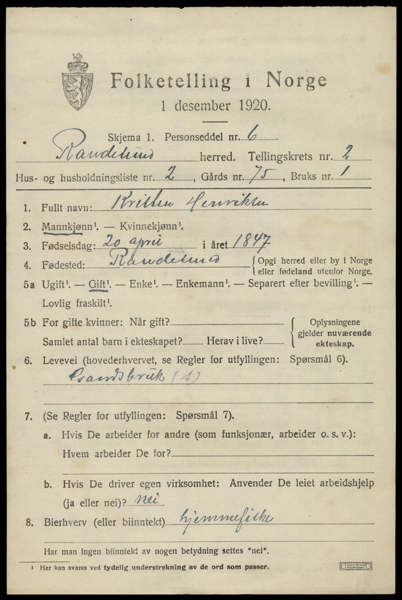 SAK, 1920 census for Randesund, 1920, p. 1104