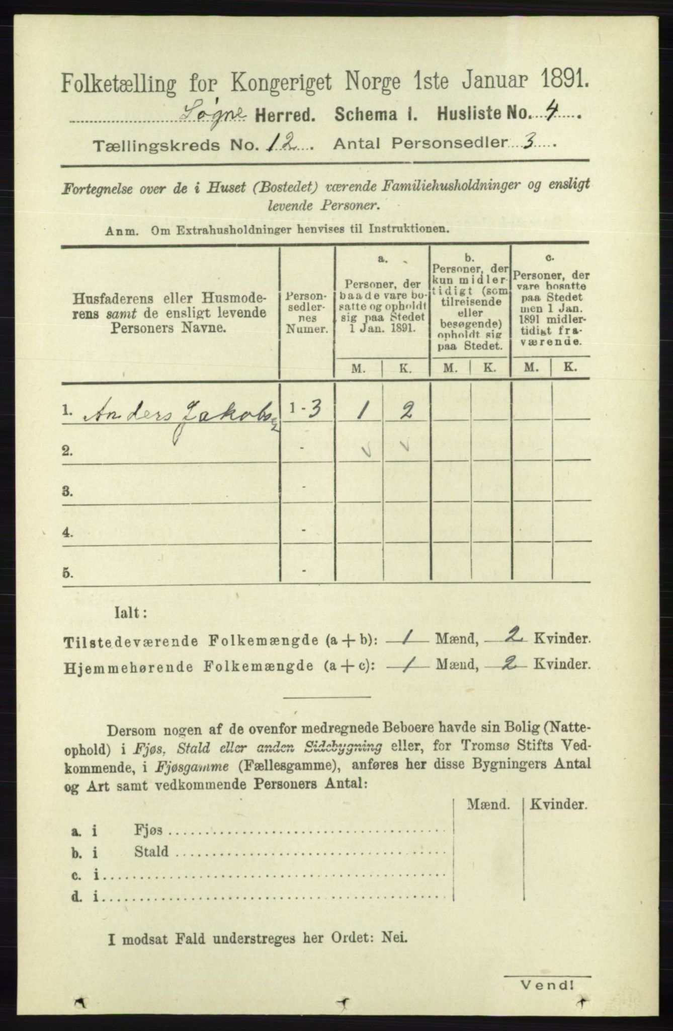 RA, 1891 census for 1018 Søgne, 1891, p. 3107