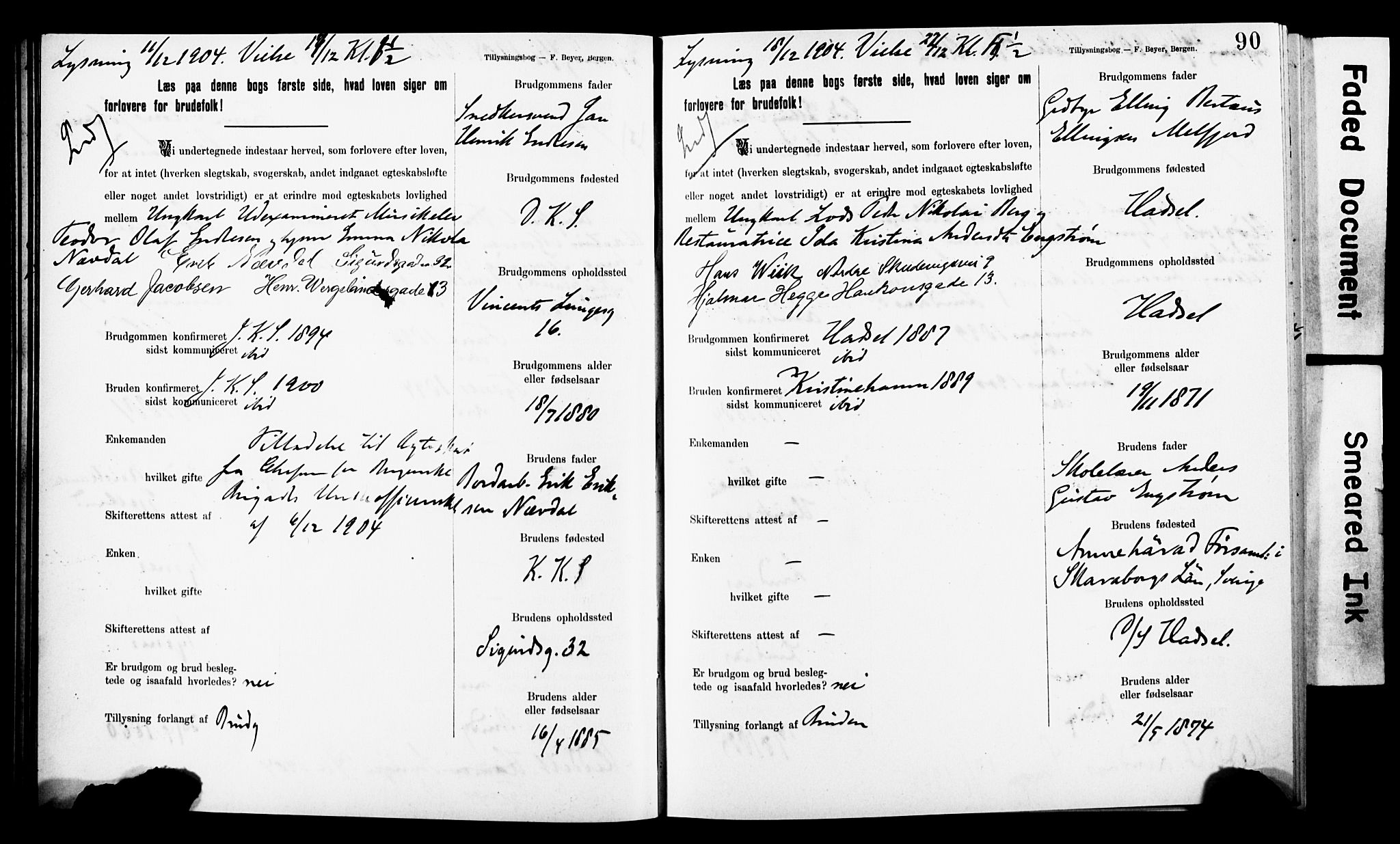 Korskirken sokneprestembete, AV/SAB-A-76101: Best man's statements no. II.5.8, 1903-1908, p. 90