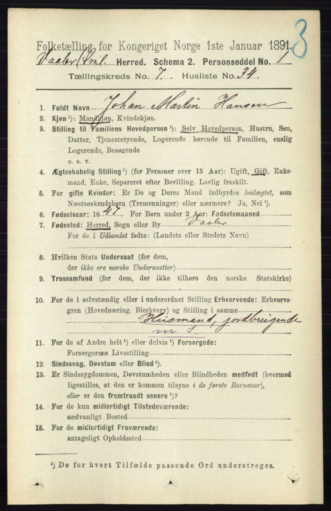 RA, 1891 census for 0137 Våler, 1891, p. 3059