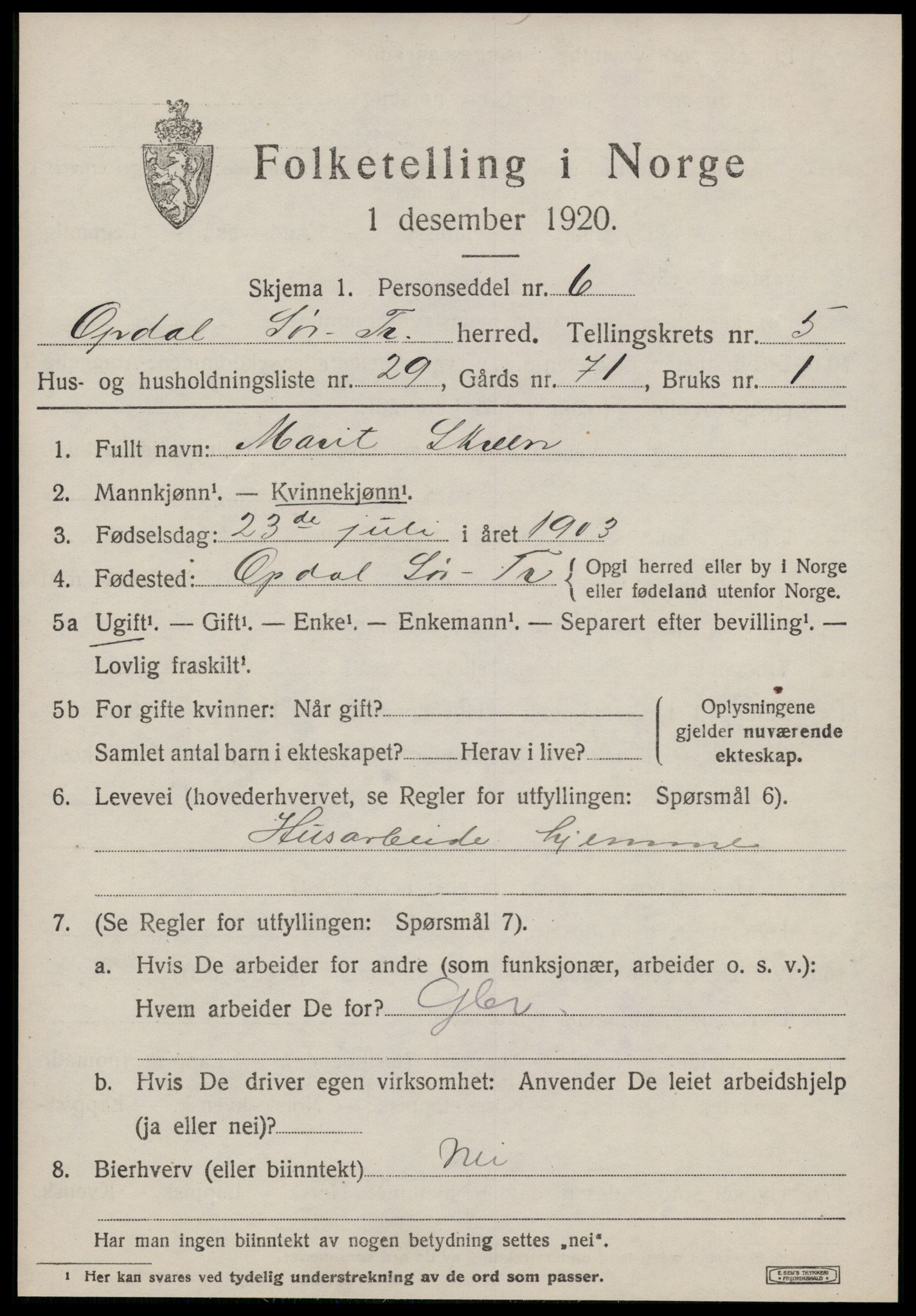 SAT, 1920 census for Oppdal, 1920, p. 5291