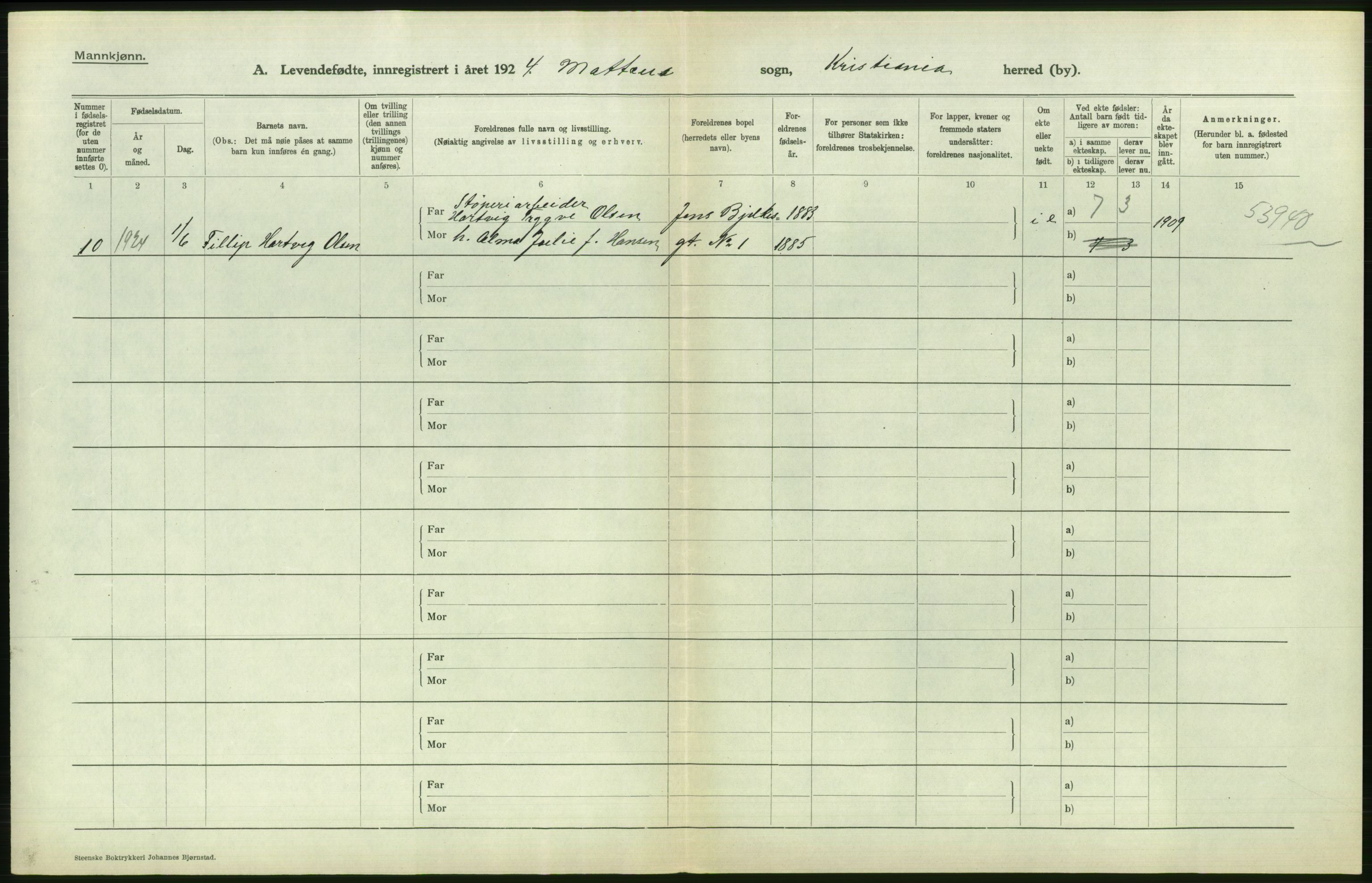 Statistisk sentralbyrå, Sosiodemografiske emner, Befolkning, AV/RA-S-2228/D/Df/Dfc/Dfcd/L0005: Kristiania: Levendefødte menn., 1924, p. 508