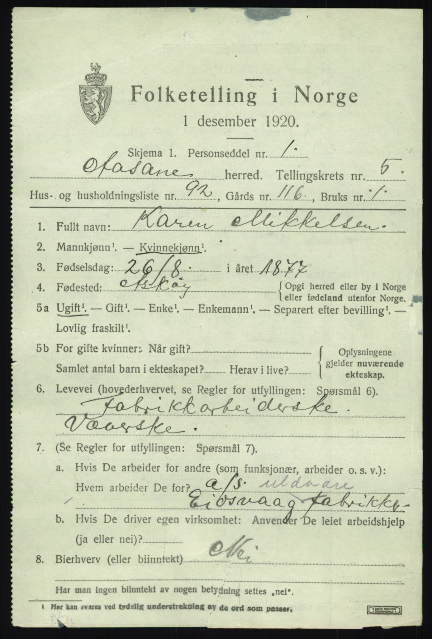 SAB, 1920 census for Åsane, 1920, p. 4091