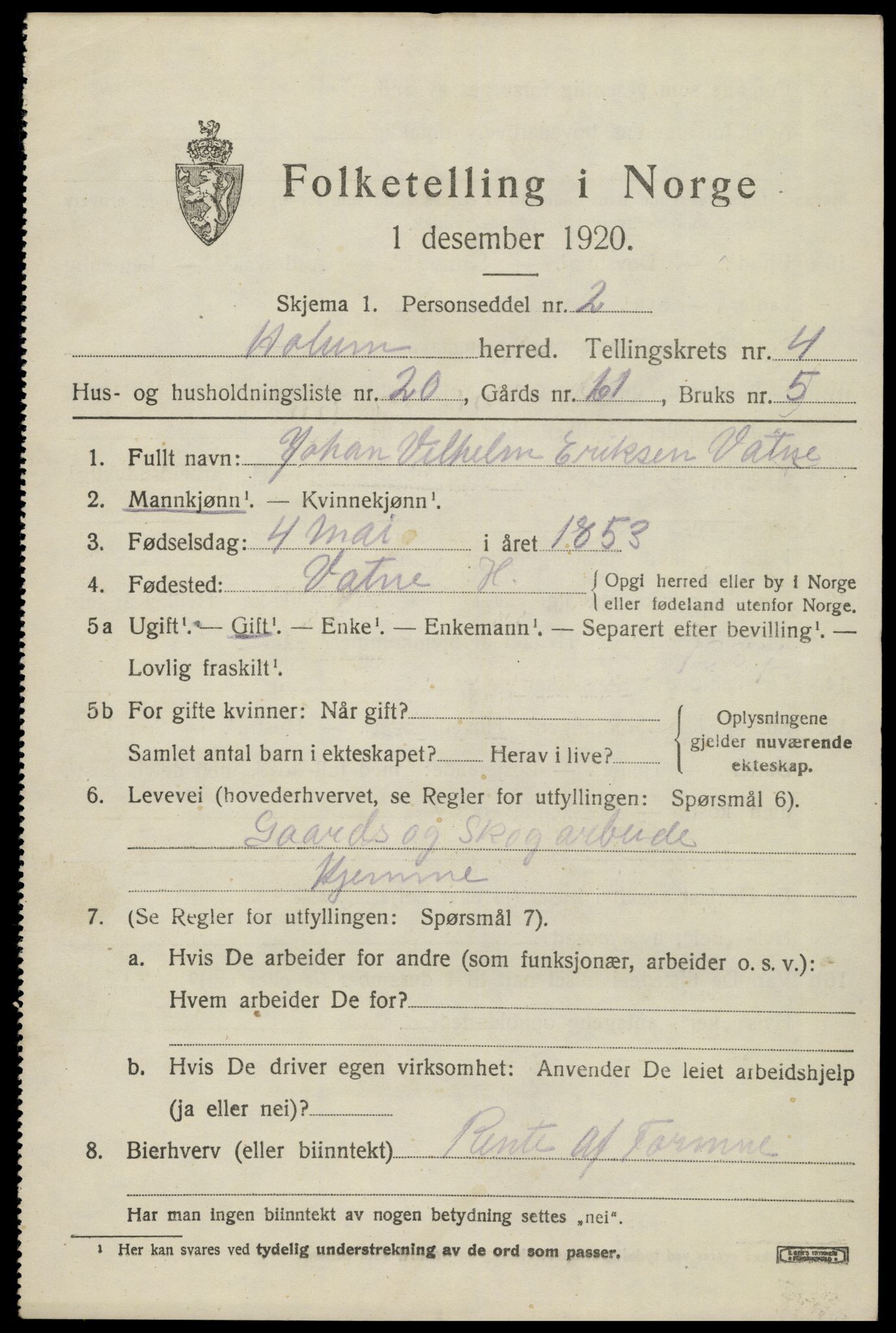 SAK, 1920 census for Holum, 1920, p. 2123