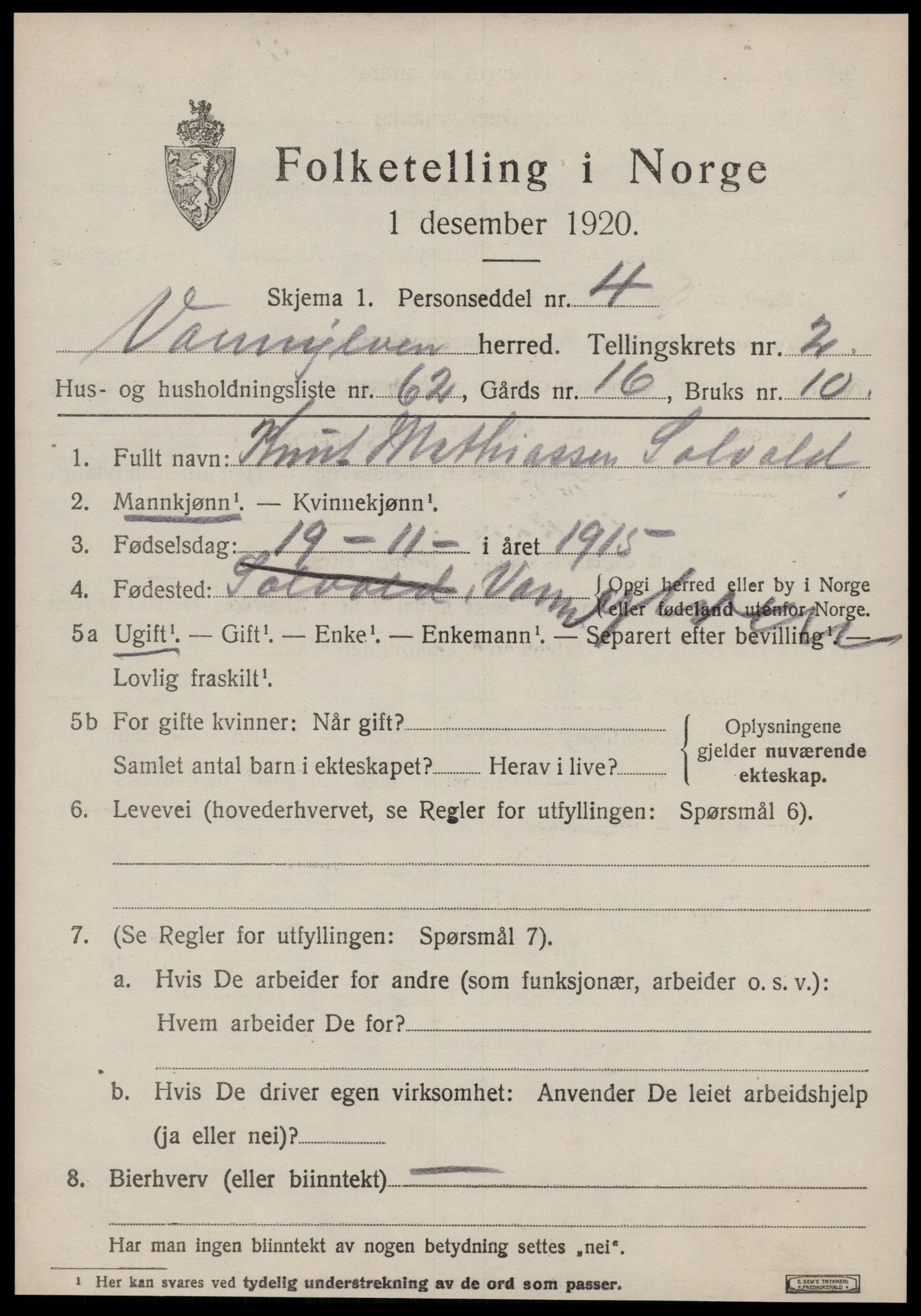 SAT, 1920 census for Vanylven, 1920, p. 1769