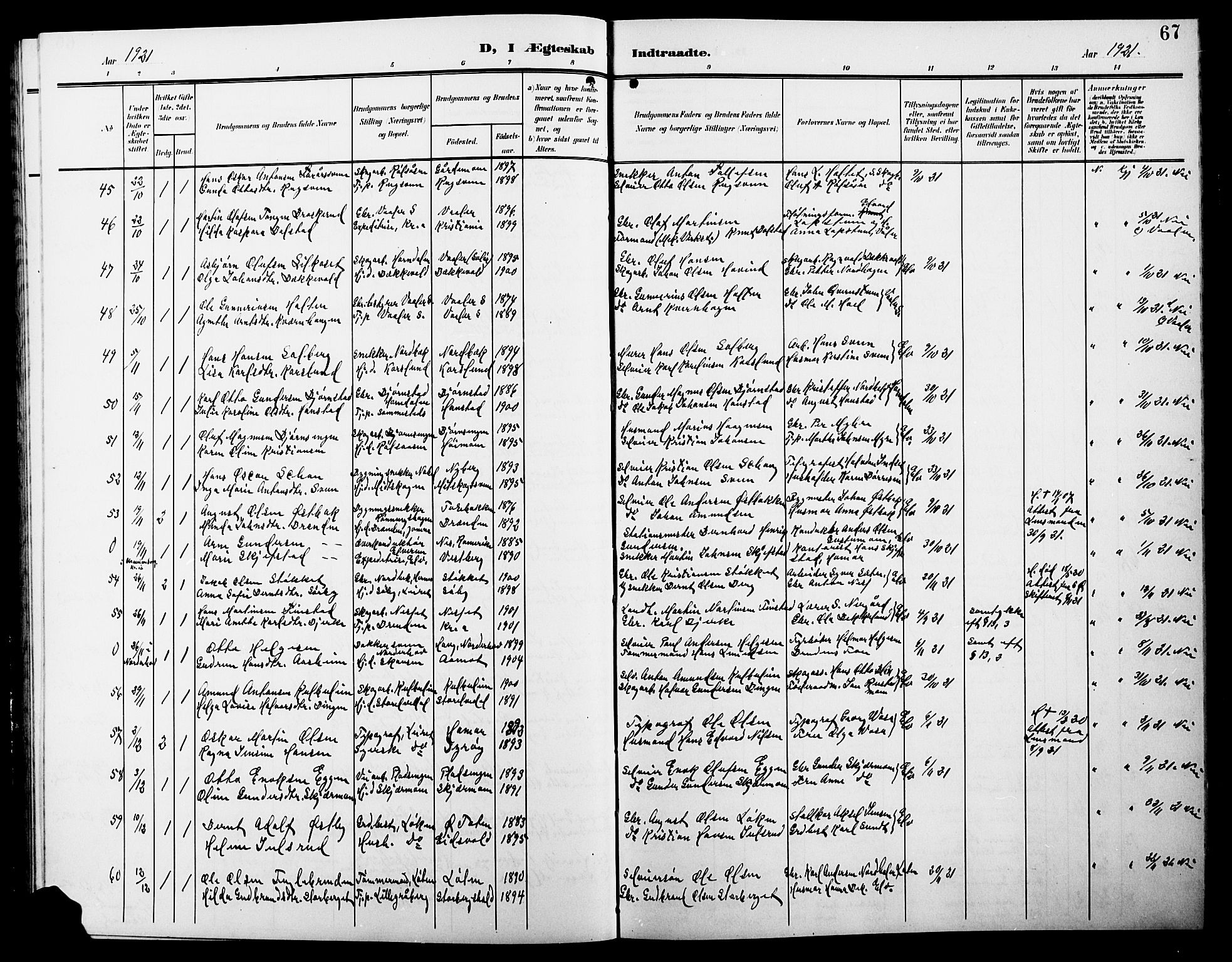 Elverum prestekontor, AV/SAH-PREST-044/H/Ha/Hab/L0009: Parish register (copy) no. 9, 1908-1921, p. 67