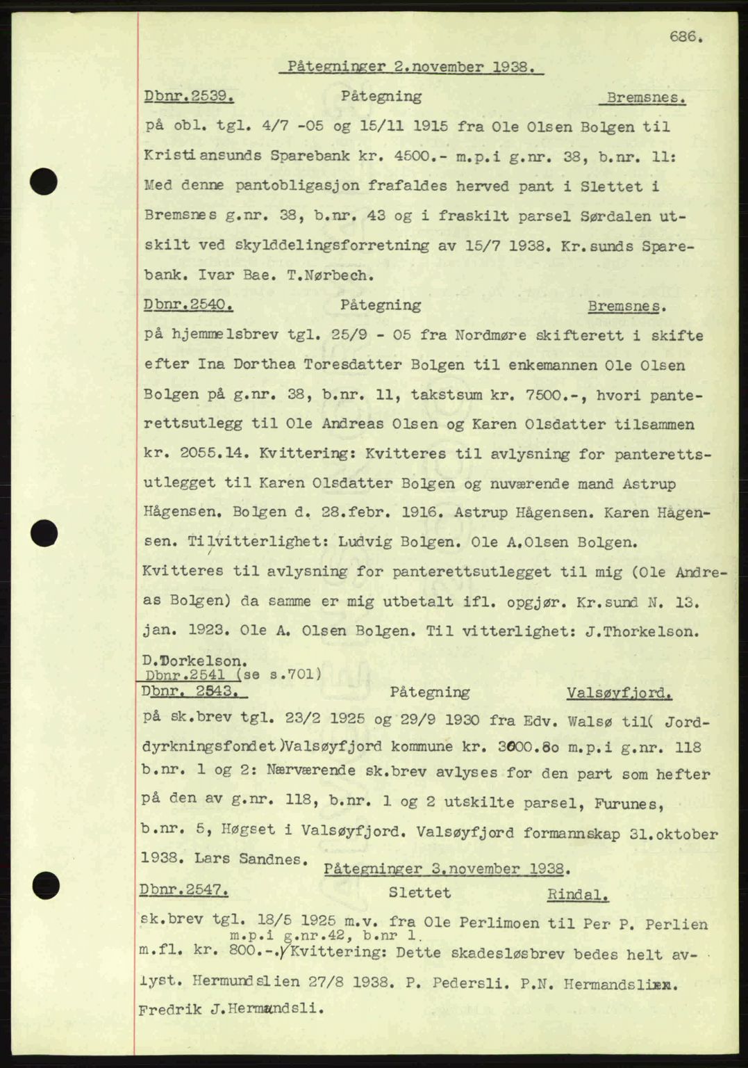 Nordmøre sorenskriveri, AV/SAT-A-4132/1/2/2Ca: Mortgage book no. C80, 1936-1939, Diary no: : 2539/1938