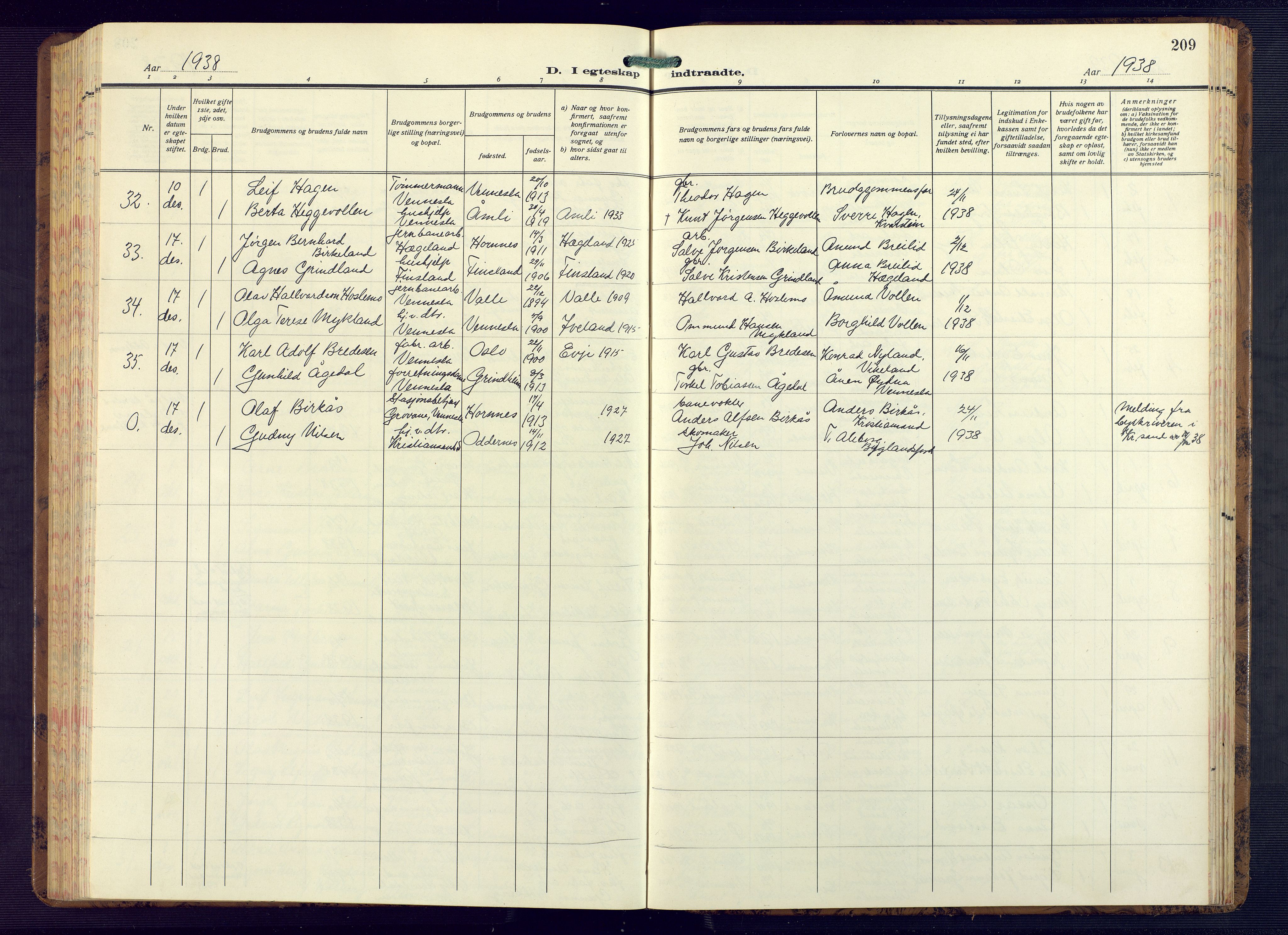 Vennesla sokneprestkontor, AV/SAK-1111-0045/Fb/Fbb/L0008: Parish register (copy) no. B 8, 1934-1947, p. 209