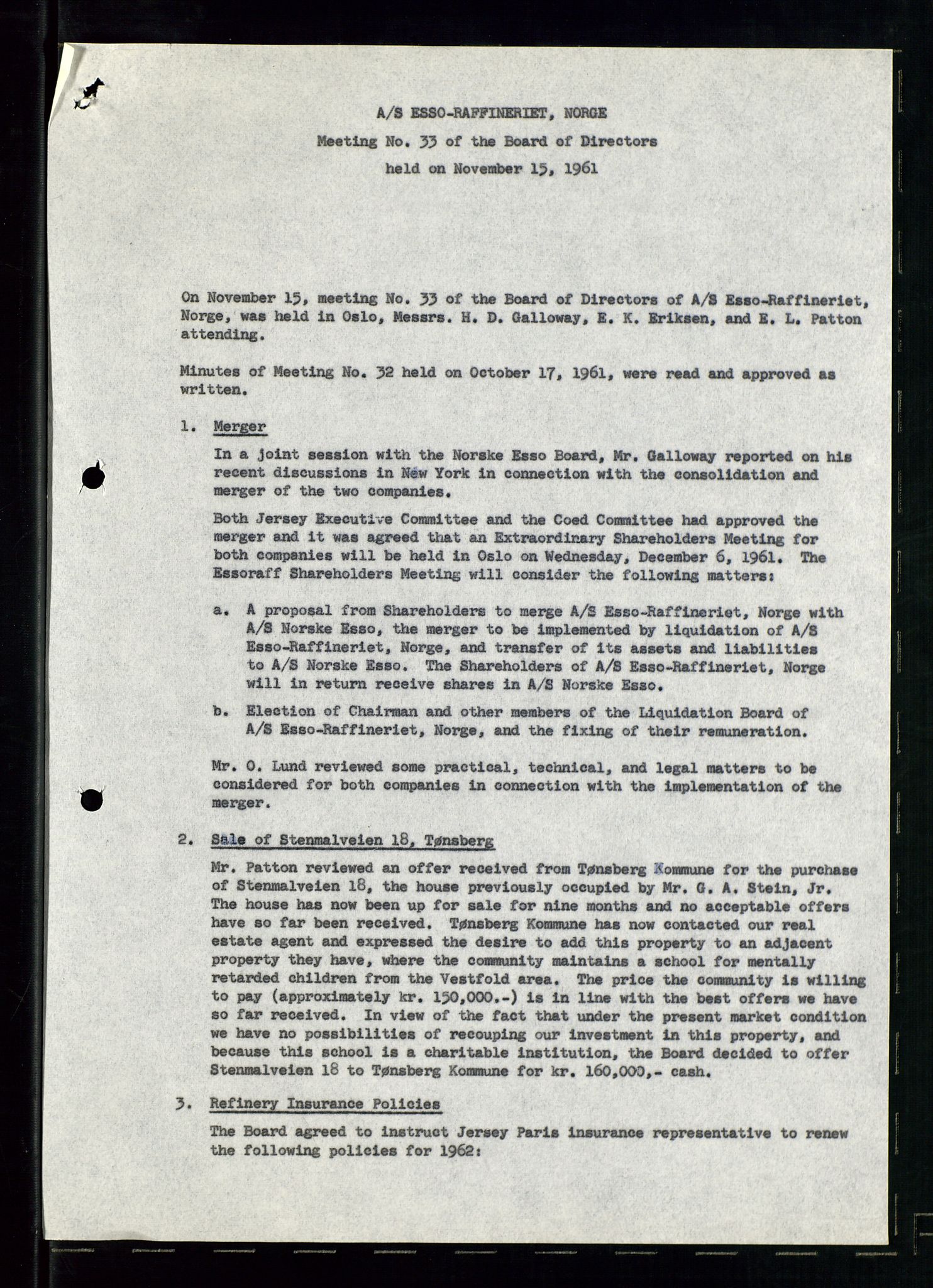 PA 1537 - A/S Essoraffineriet Norge, SAST/A-101957/A/Aa/L0001/0001: Styremøter / Styremøter, board meetings, 1959-1961, p. 3