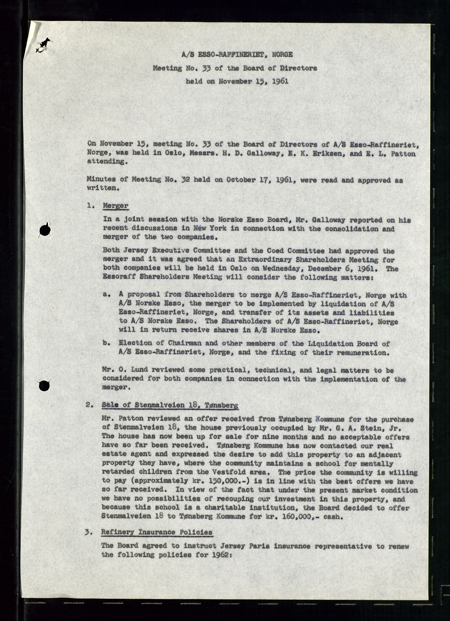 PA 1537 - A/S Essoraffineriet Norge, AV/SAST-A-101957/A/Aa/L0001/0001: Styremøter / Styremøter, board meetings, 1959-1961, p. 3