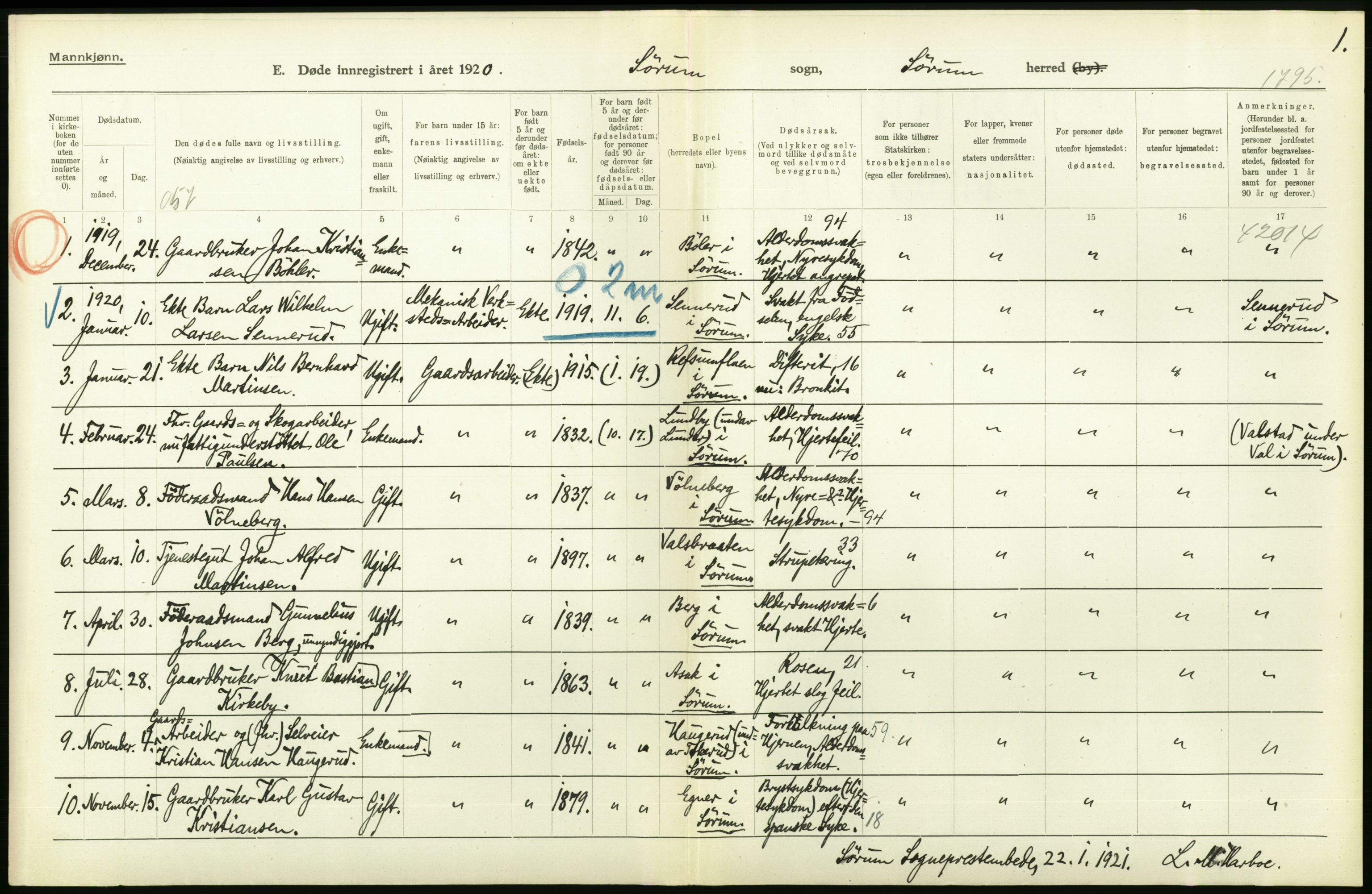 Statistisk sentralbyrå, Sosiodemografiske emner, Befolkning, AV/RA-S-2228/D/Df/Dfb/Dfbj/L0007: Akershus fylke: Døde. Bygder og byer., 1920, p. 168