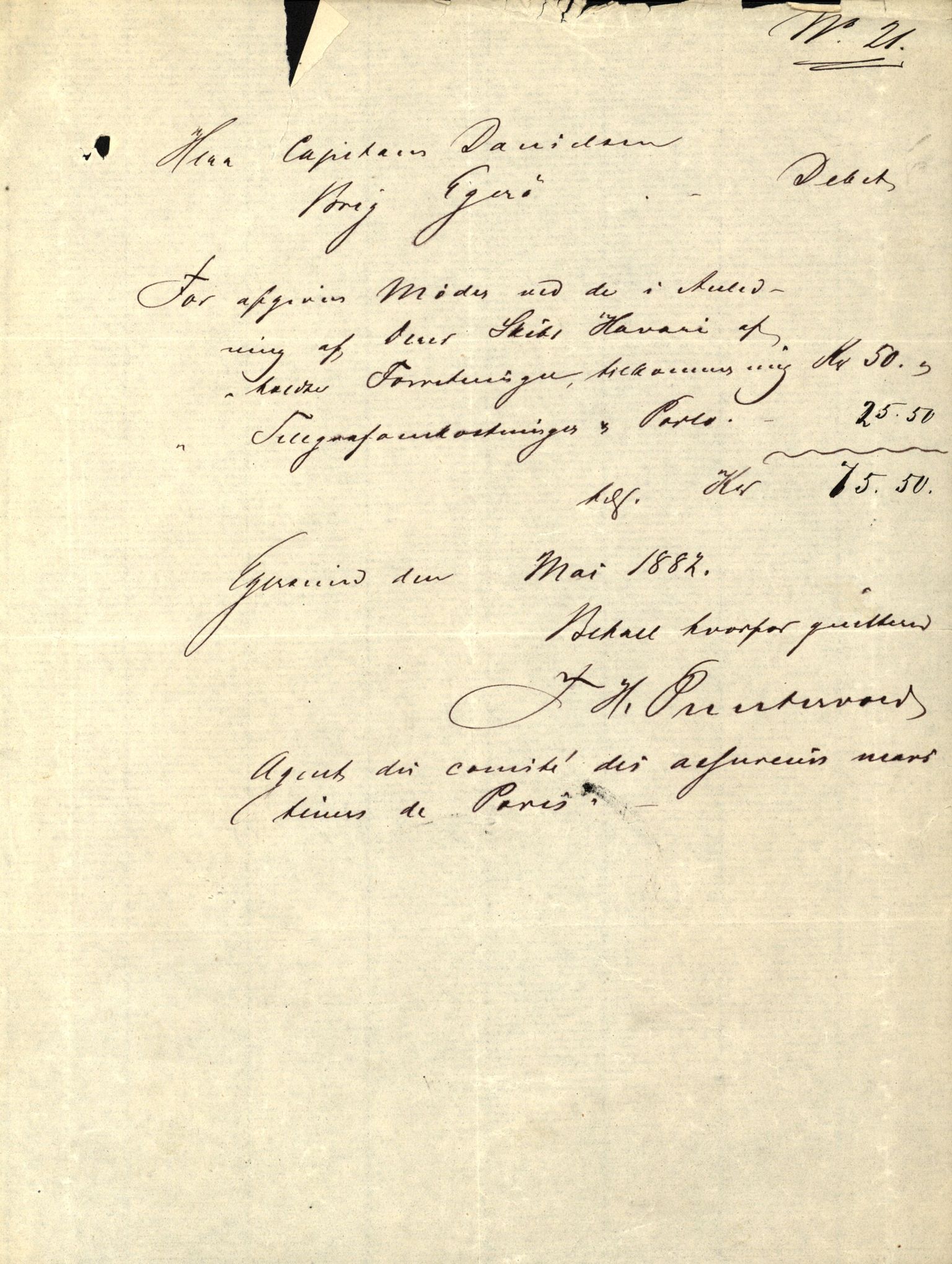 Pa 63 - Østlandske skibsassuranceforening, VEMU/A-1079/G/Ga/L0015/0003: Havaridokumenter / Egerøen, 1882