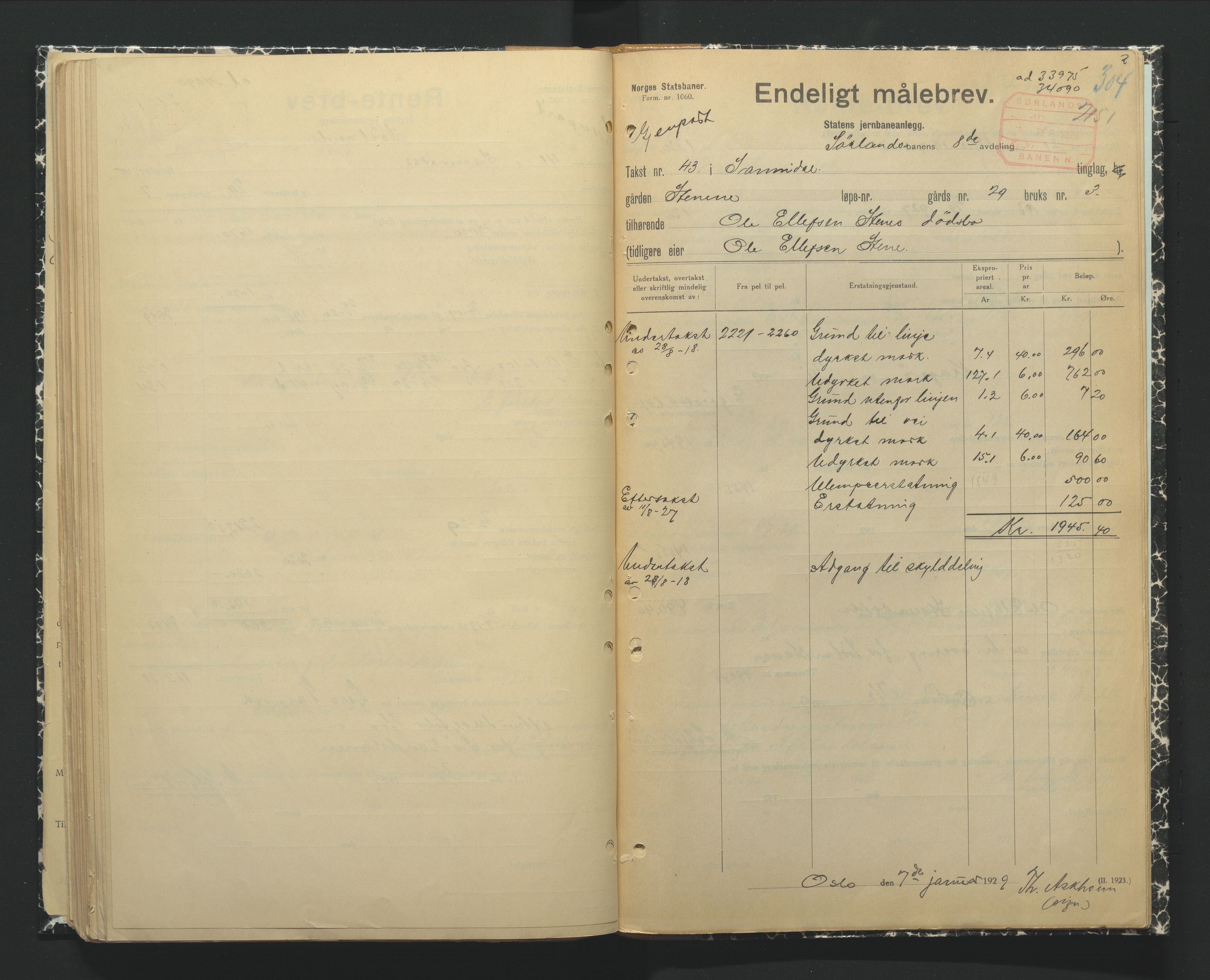 NSB Baneavdelingen, AV/SAK-1821-0004/F/Fc/Fch/L0249/0002: Grunnerstatninger, målebrev / Endelige måle- og rentebrev for Kragerølinja, 1928-1930