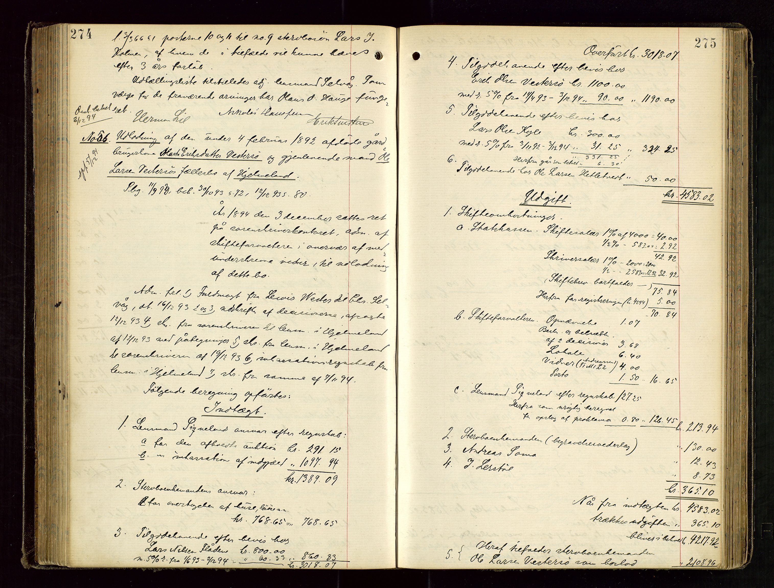 Ryfylke tingrett, AV/SAST-A-100055/001/IV/IVD/L0029: Skifteprotokoll, register i protokollen, 1893-1897, p. 274-275