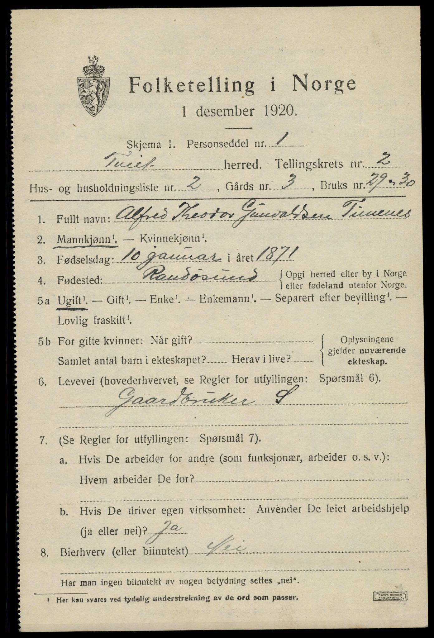 SAK, 1920 census for Tveit, 1920, p. 1232