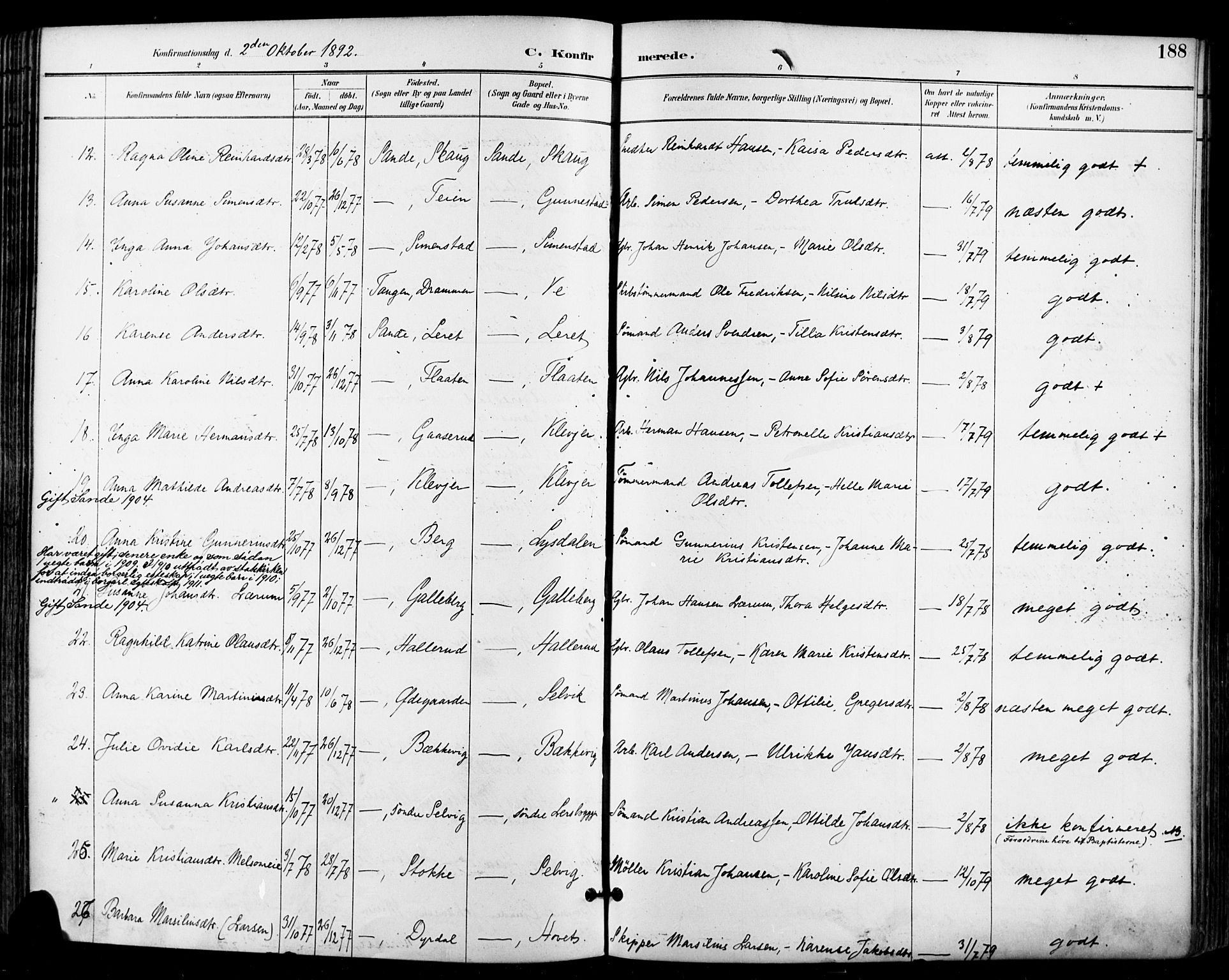 Sande Kirkebøker, AV/SAKO-A-53/F/Fa/L0007: Parish register (official) no. 7, 1888-1903, p. 188