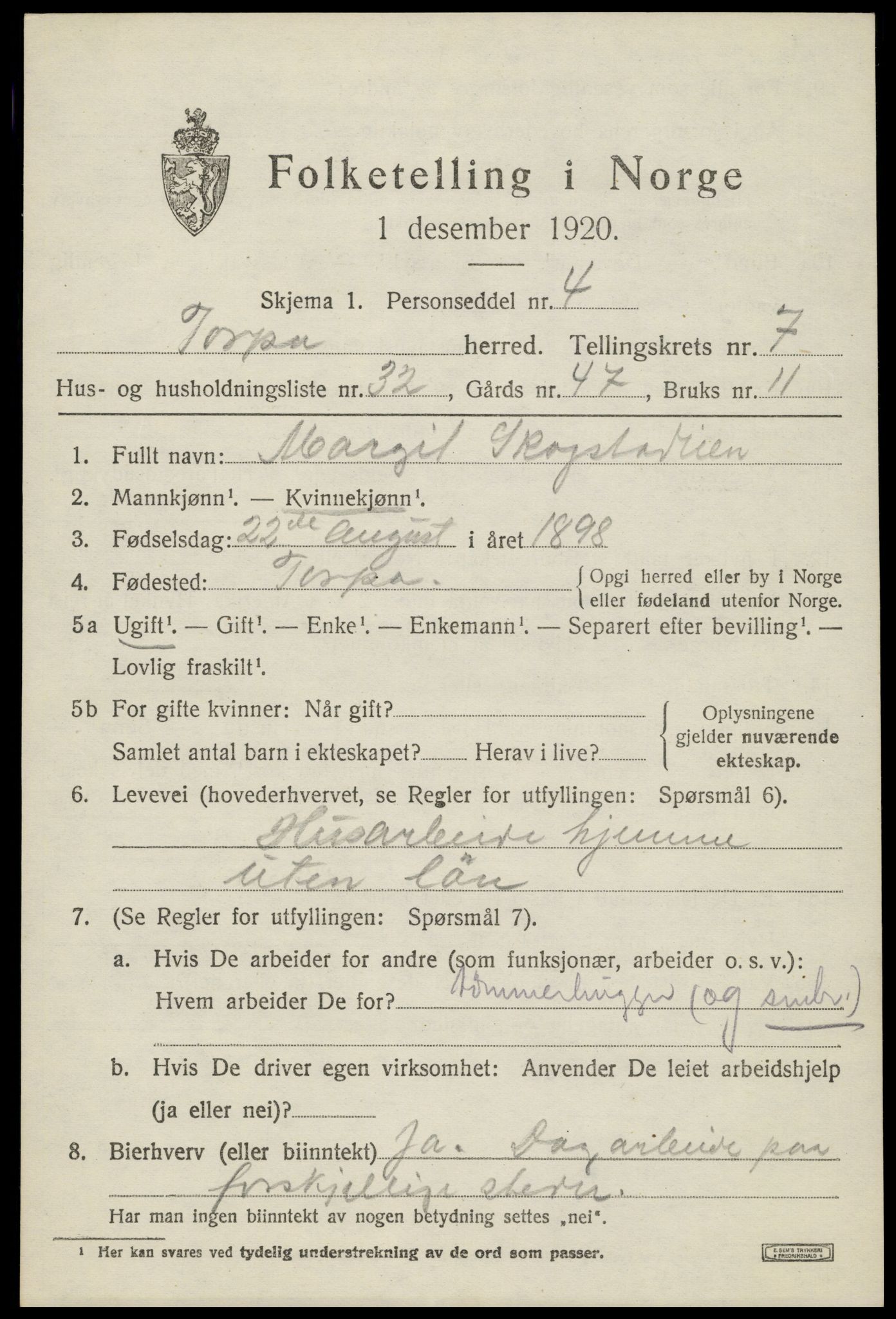 SAH, 1920 census for Torpa, 1920, p. 4575