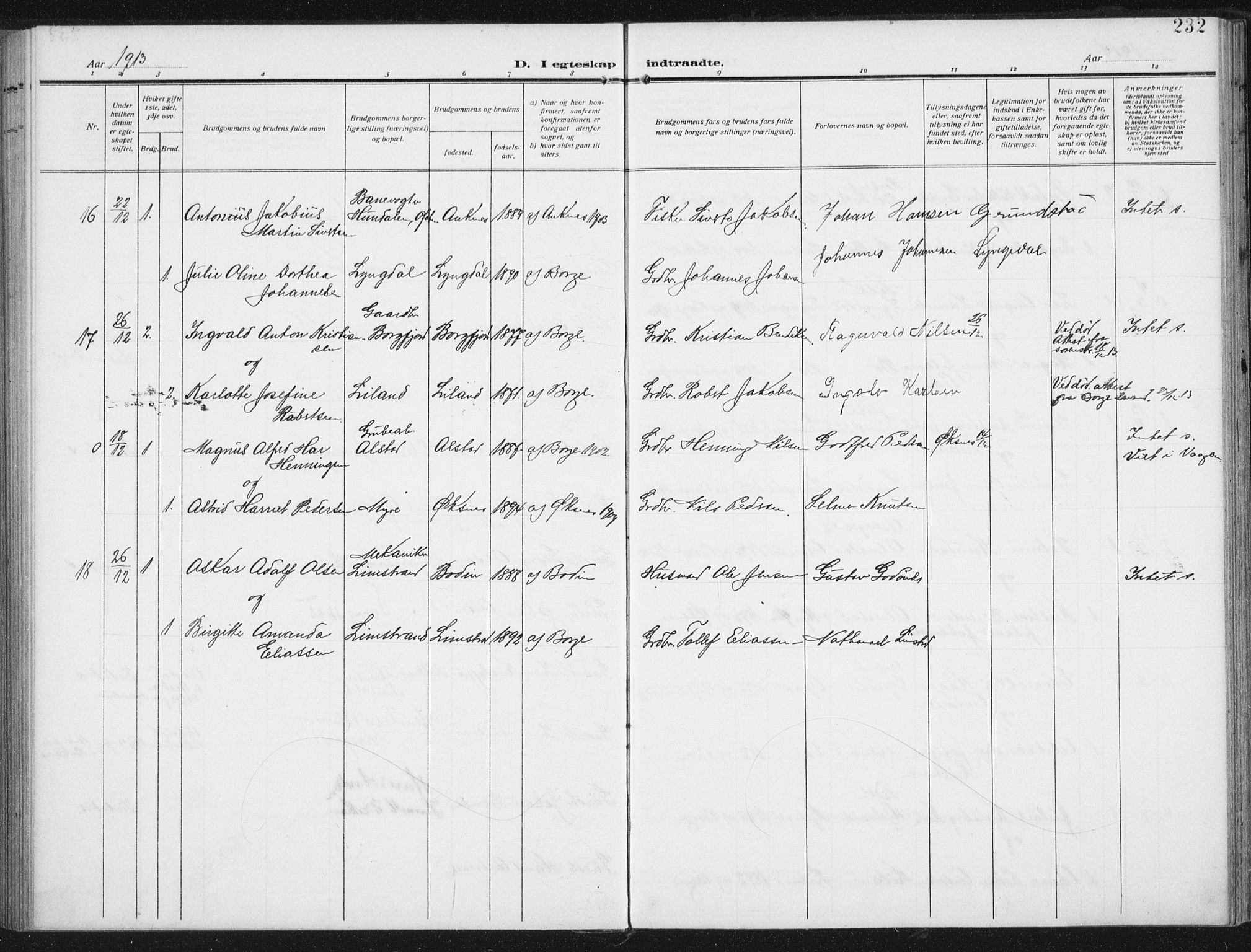 Ministerialprotokoller, klokkerbøker og fødselsregistre - Nordland, SAT/A-1459/880/L1135: Parish register (official) no. 880A09, 1908-1919, p. 232