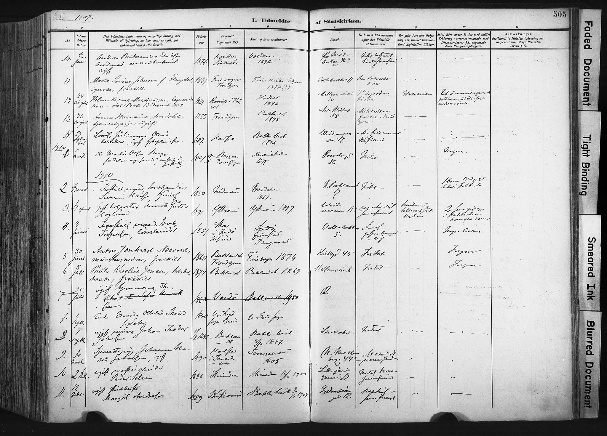 Ministerialprotokoller, klokkerbøker og fødselsregistre - Sør-Trøndelag, SAT/A-1456/604/L0201: Parish register (official) no. 604A21, 1901-1911, p. 505