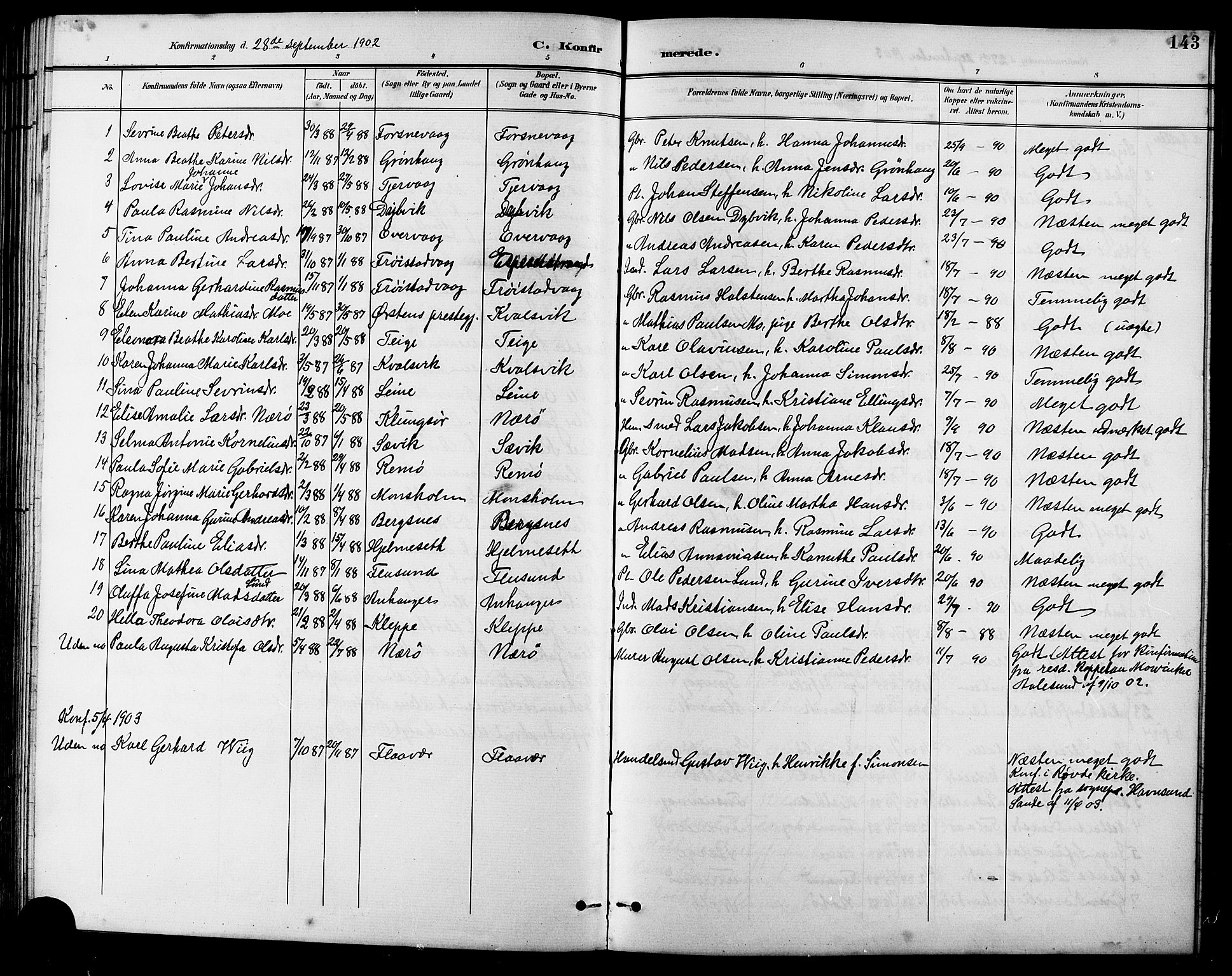 Ministerialprotokoller, klokkerbøker og fødselsregistre - Møre og Romsdal, SAT/A-1454/507/L0082: Parish register (copy) no. 507C05, 1896-1914, p. 143