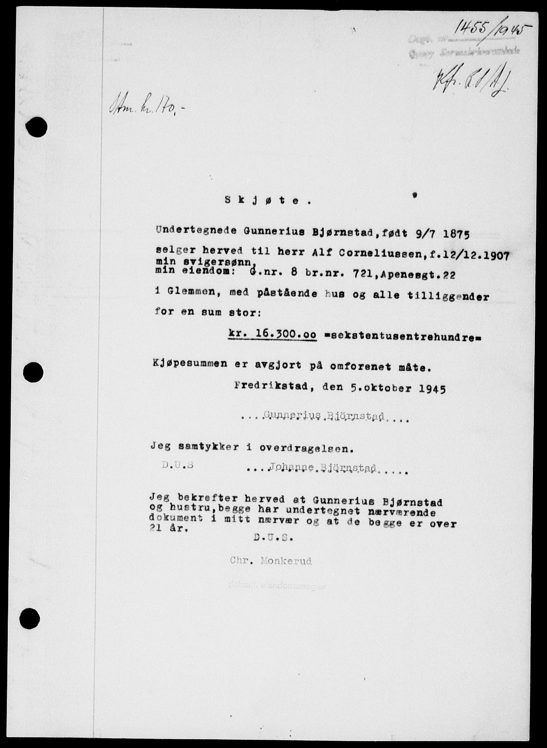 Onsøy sorenskriveri, SAO/A-10474/G/Ga/Gab/L0015: Mortgage book no. II A-15, 1945-1946, Diary no: : 1455/1945