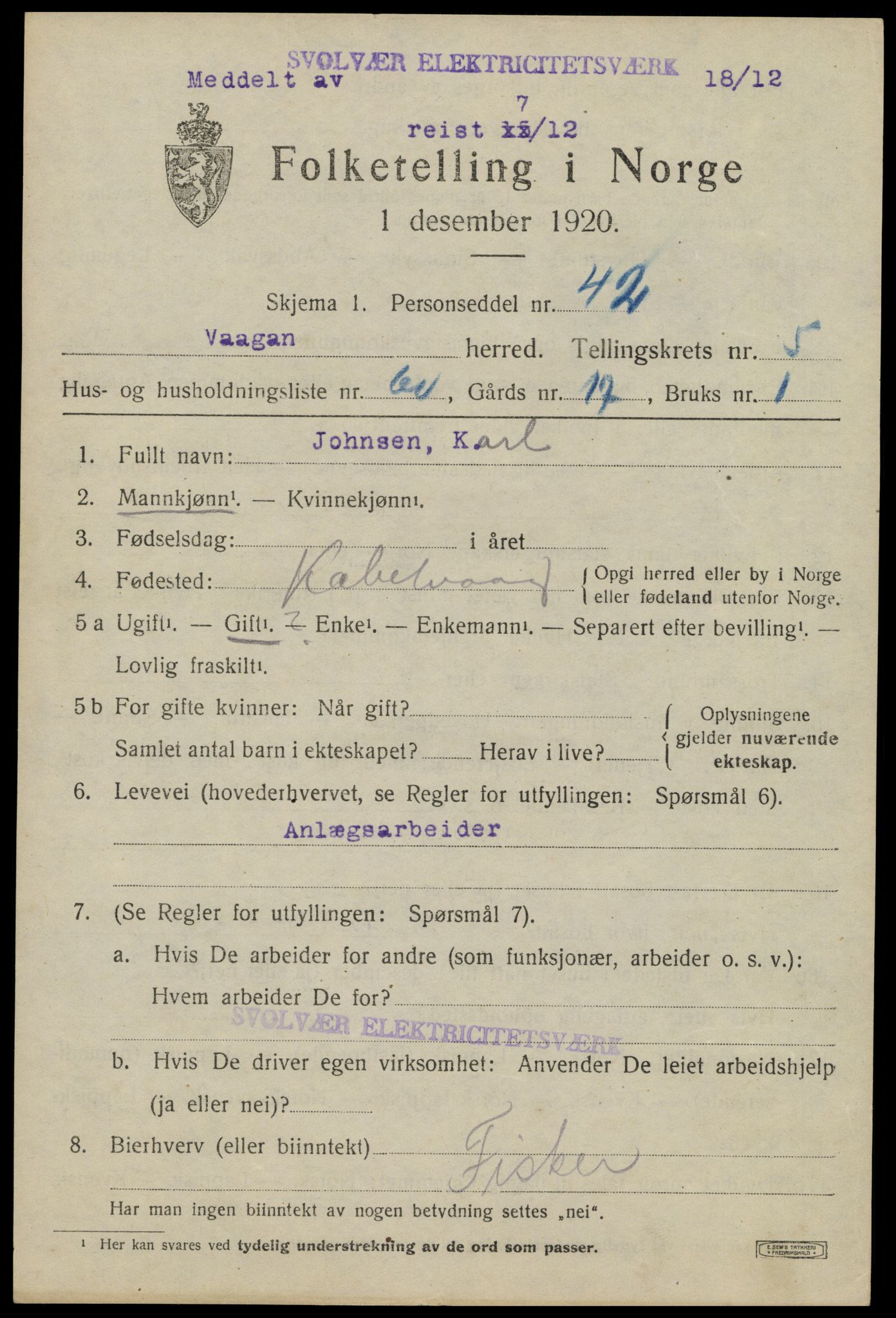 SAT, 1920 census for Vågan, 1920, p. 6123