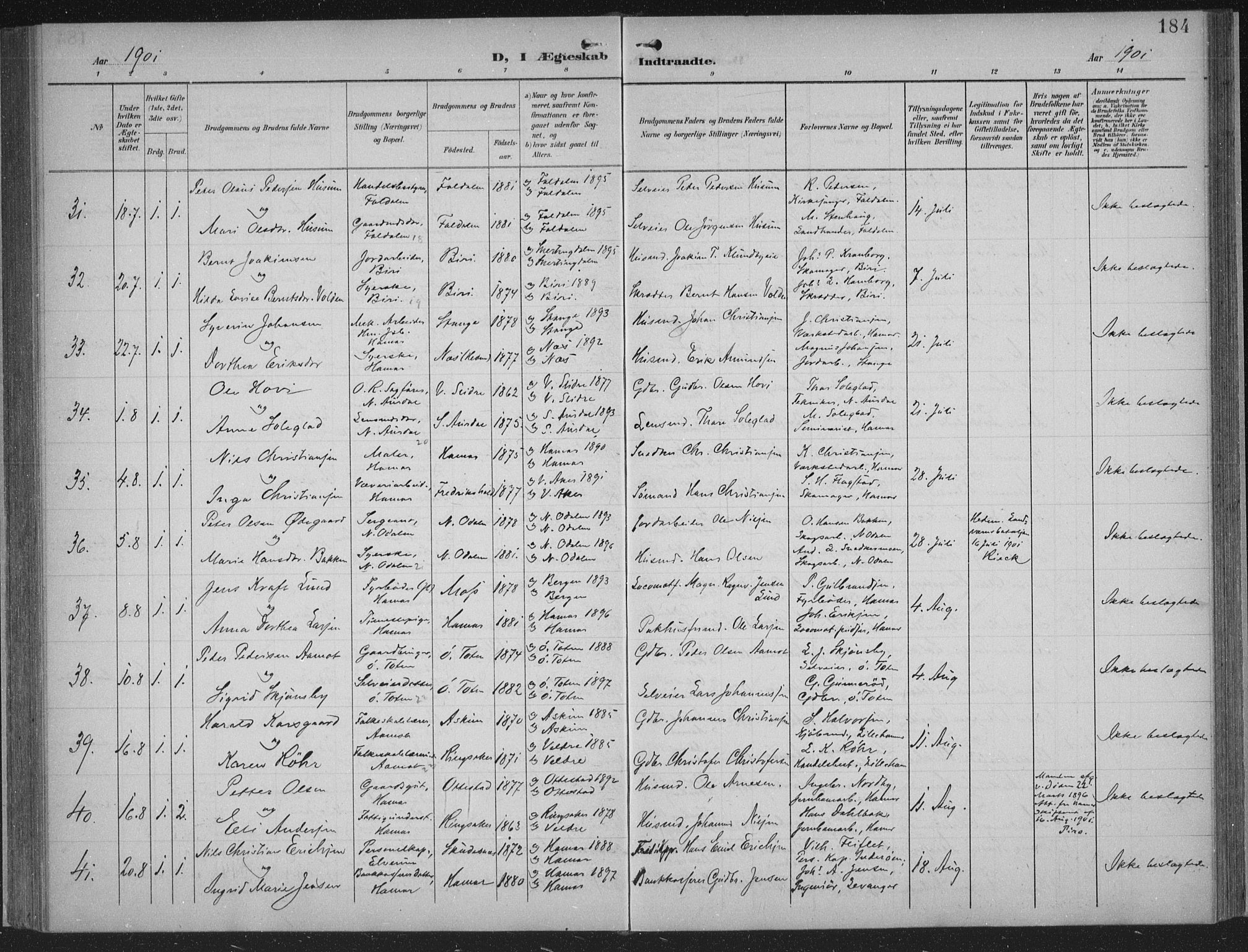 Hamar prestekontor, AV/SAH-DOMPH-002/H/Ha/Haa/L0001: Parish register (official) no. 1, 1900-1914, p. 184