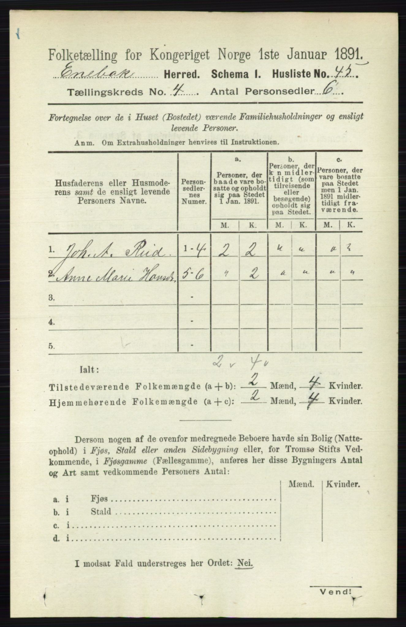 RA, 1891 census for 0229 Enebakk, 1891, p. 1455