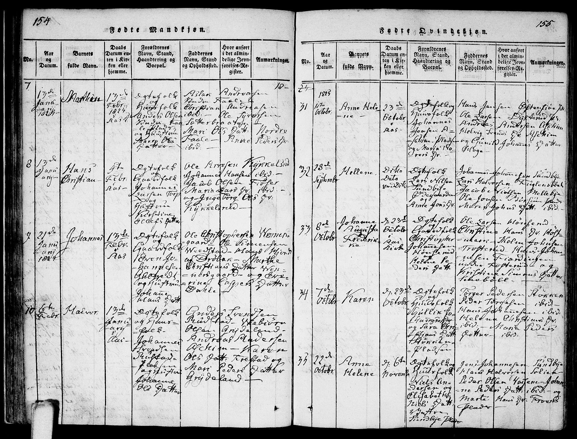 Ås prestekontor Kirkebøker, AV/SAO-A-10894/F/Fa/L0004: Parish register (official) no. I 4, 1818-1826, p. 154-155